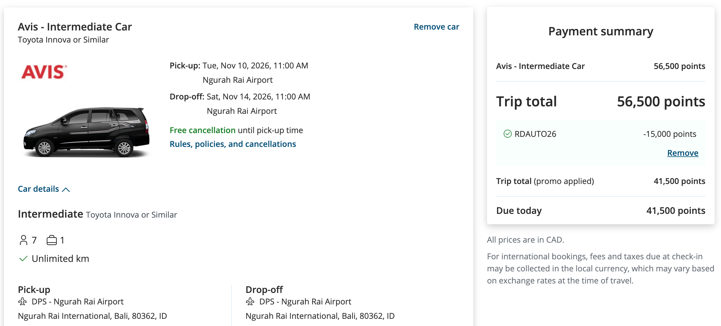 Aeroplan cart for a four-day Avis rental in Bali with RDAUTO26 applied