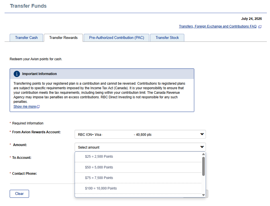 RBC Direct Investing Transfer Rewards screen showing Avion points redeeming at $100 per 10,000 points