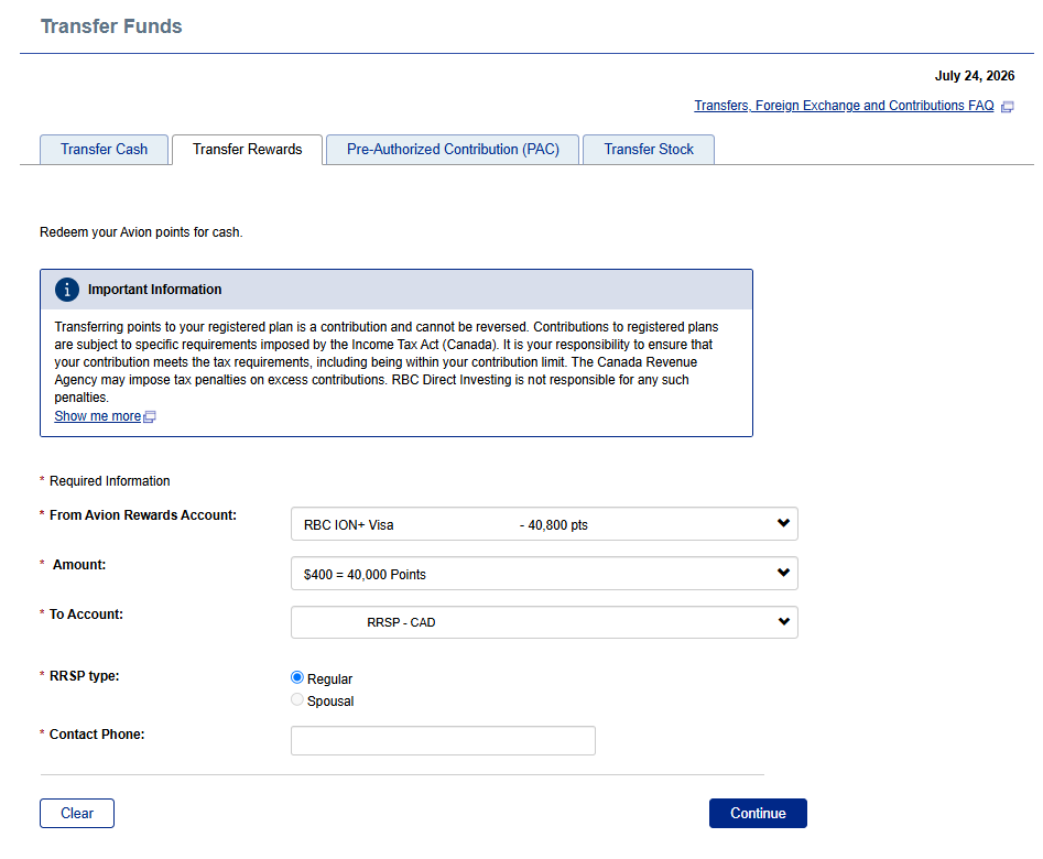 Redeeming 40,000 Avion points for a $400 RRSP contribution in RBC Direct Investing