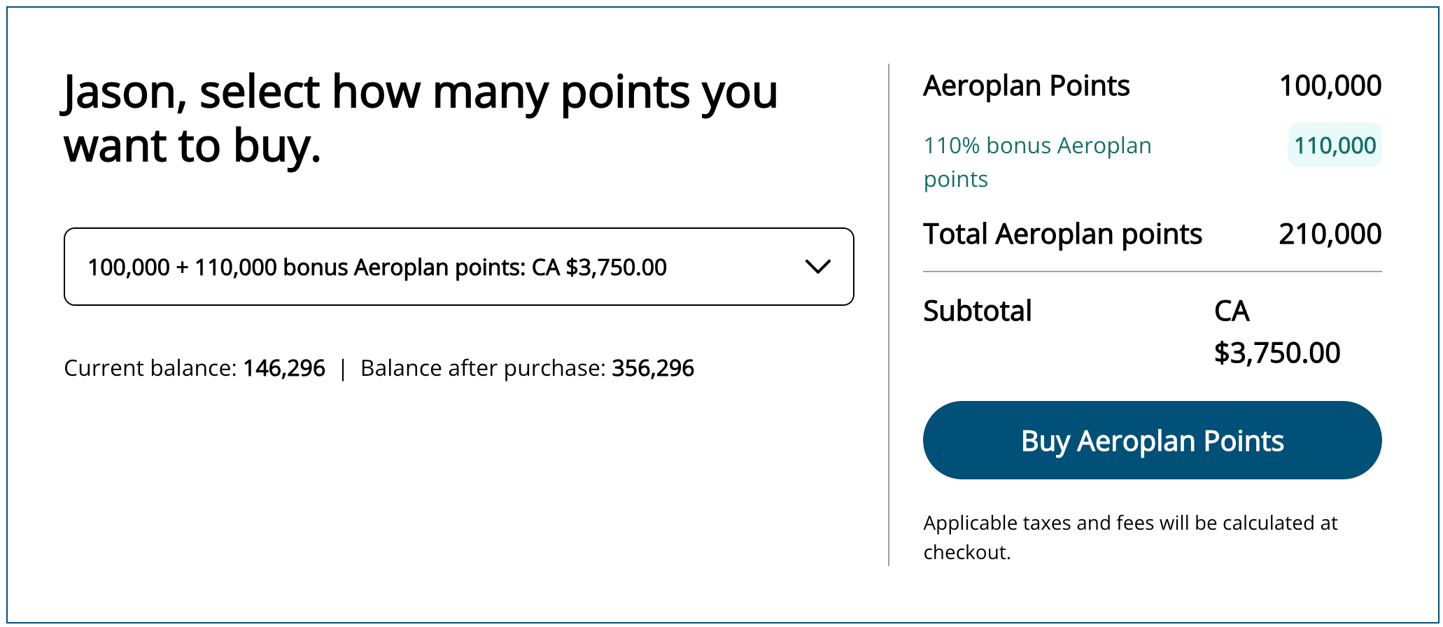 Aeroplan Buy Points purchase summary showing 100,000 points plus a 110,000-point bonus for $3,750