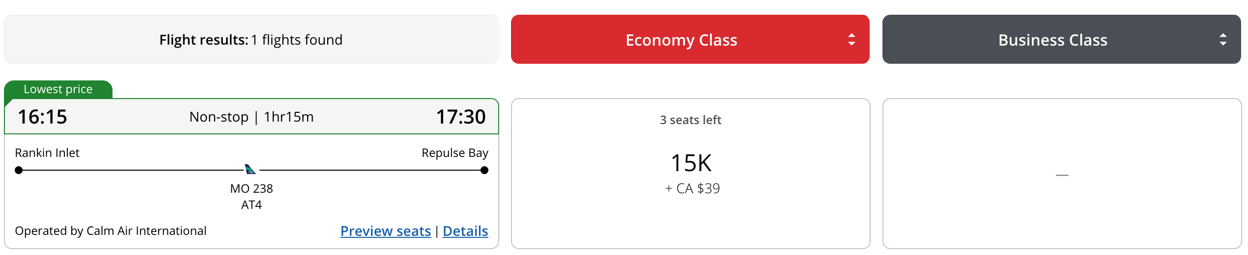 Aeroplan award search showing a Calm Air flight from Rankin Inlet to Naujaat at 15,000 points plus 39 dollars