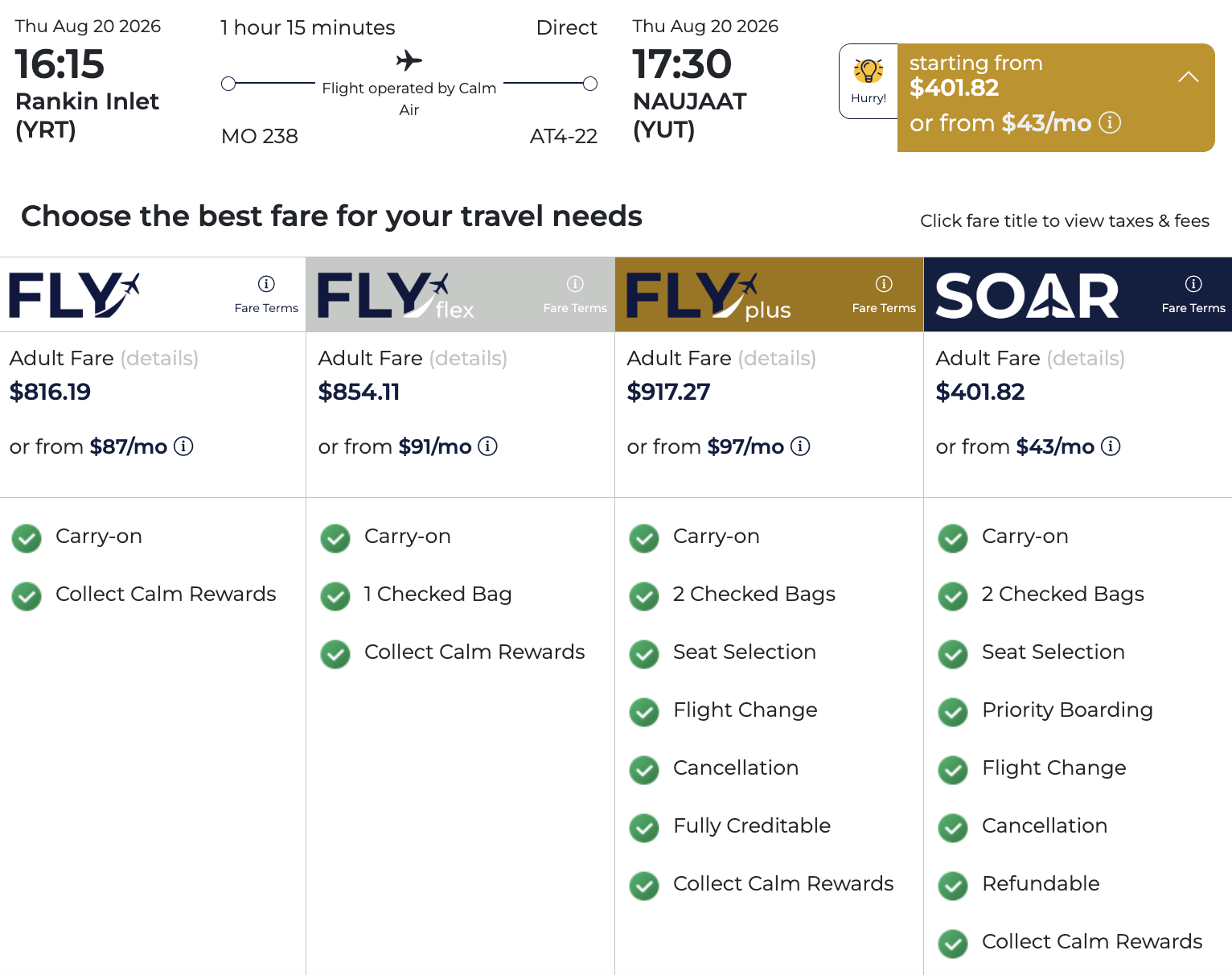 Calm Air cash fare brands showing FLY, FLYflex, FLYplus and SOAR pricing