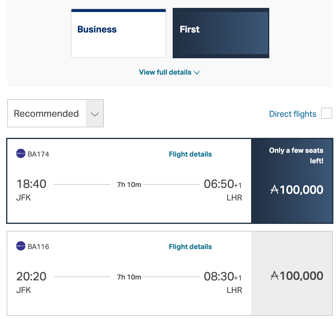 Asia Miles award search showing British Airways first class from New York to London at 100,000 miles