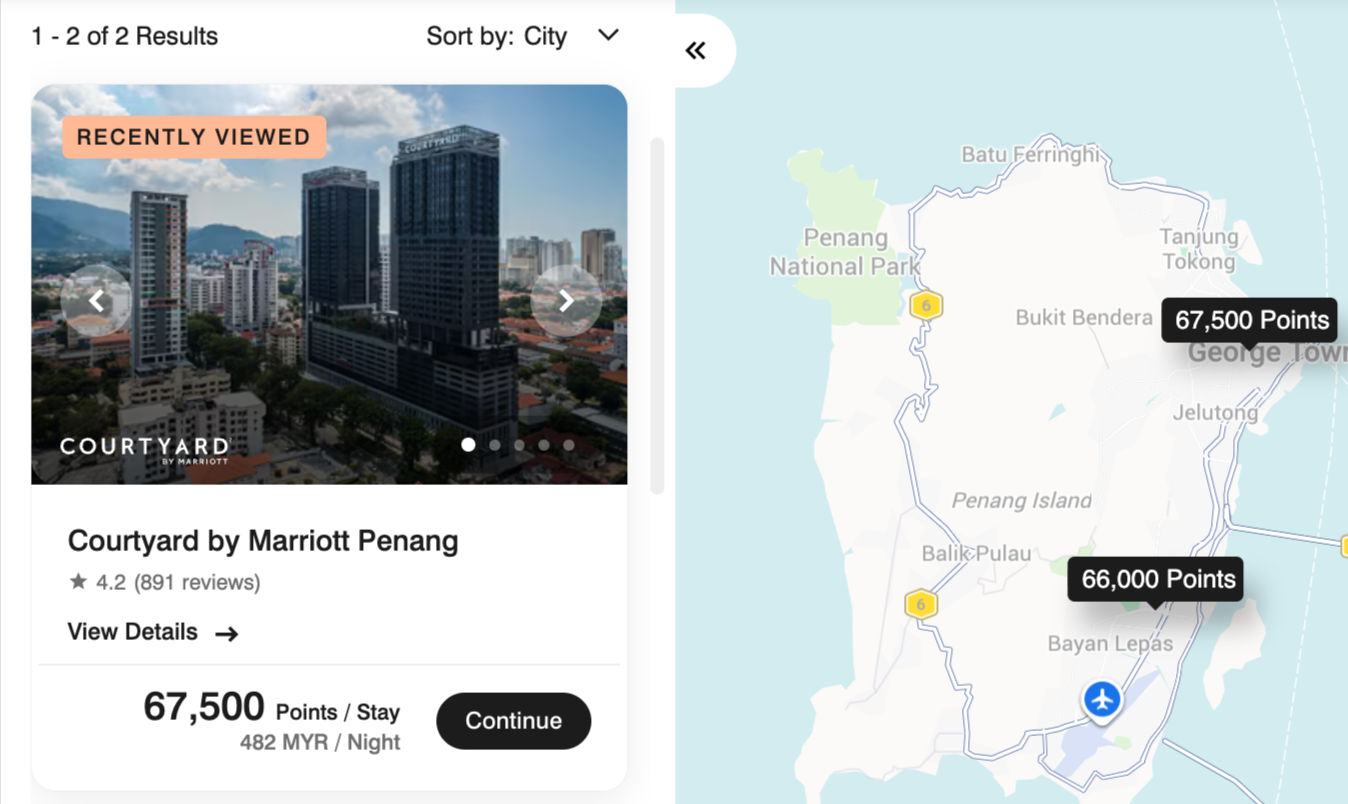 Map of Penang showing the Courtyard by Marriott Penang closer to George Town and the AC Hotel Penang out by the airport