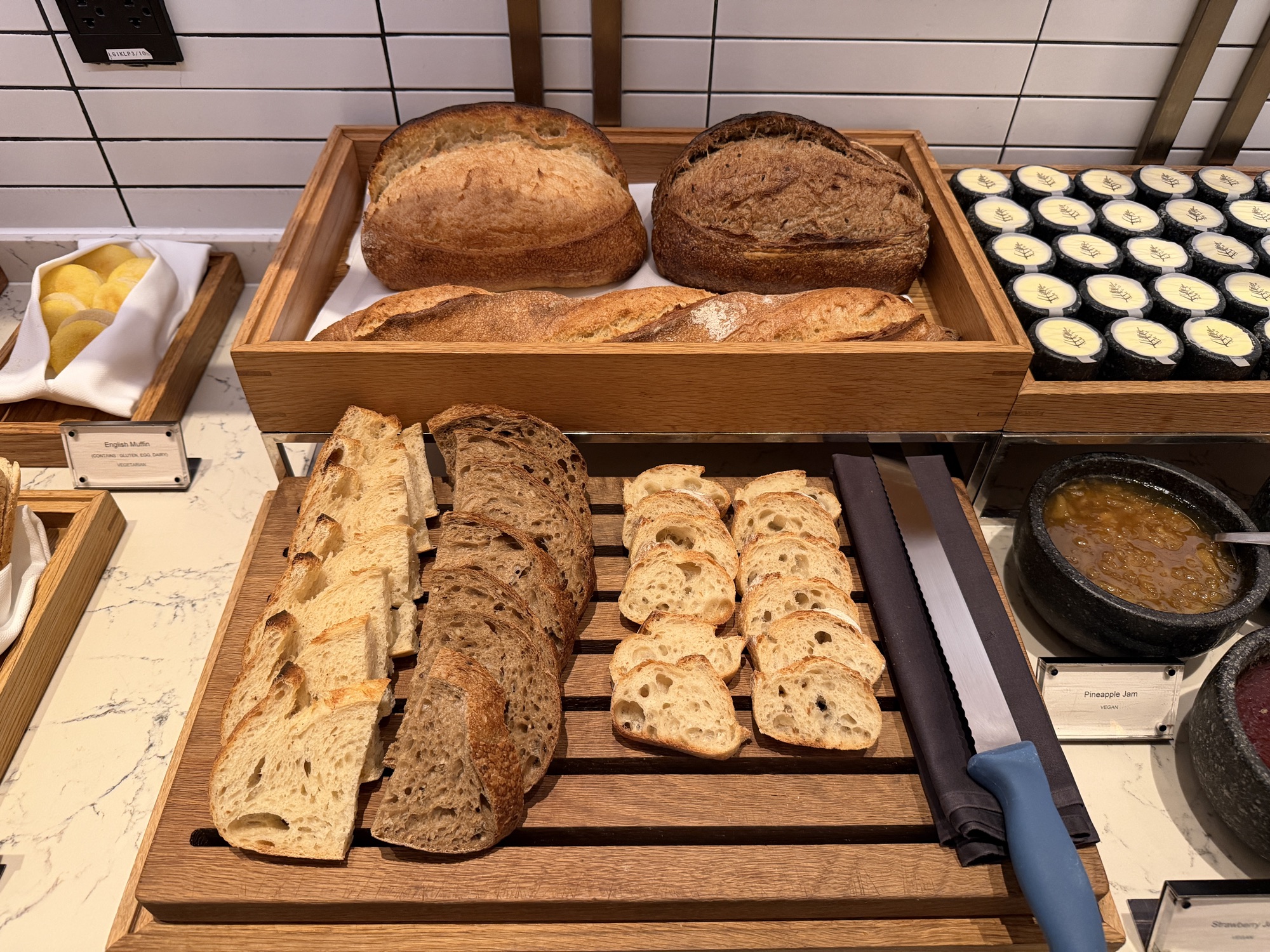 Bread station with sourdough loaves at the Riva del Fiume breakfast at Four Seasons Hotel Bangkok at Chao Phraya River