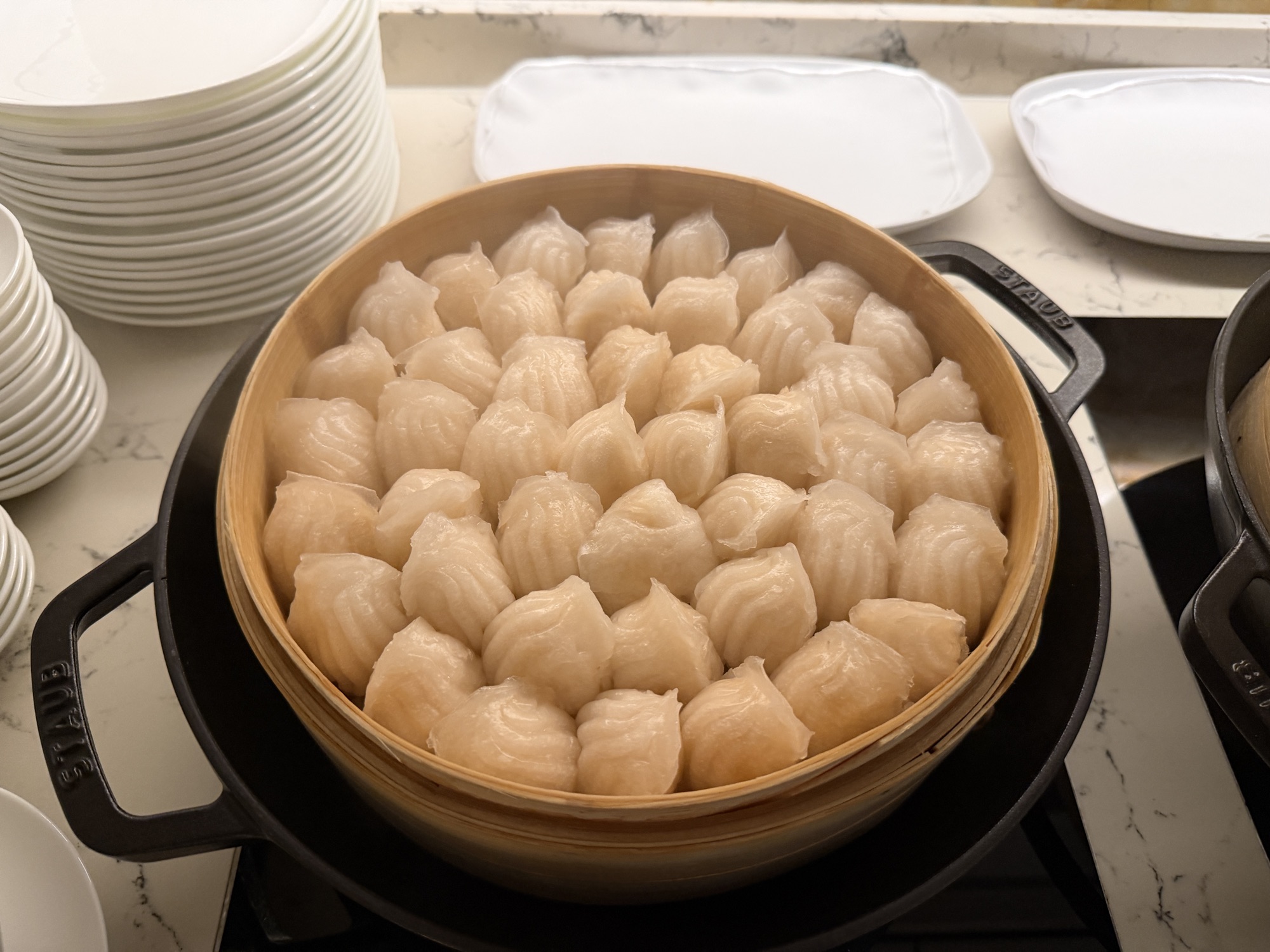 Steamed har gow dumplings at the Riva del Fiume breakfast at Four Seasons Hotel Bangkok at Chao Phraya River