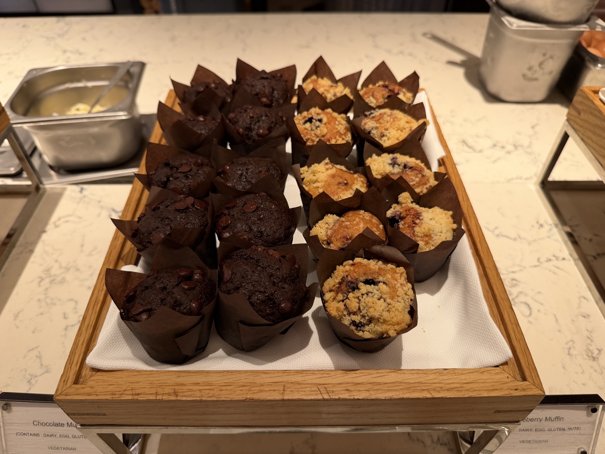 Chocolate and crumble muffins at the Riva del Fiume bakery station at Four Seasons Hotel Bangkok at Chao Phraya River