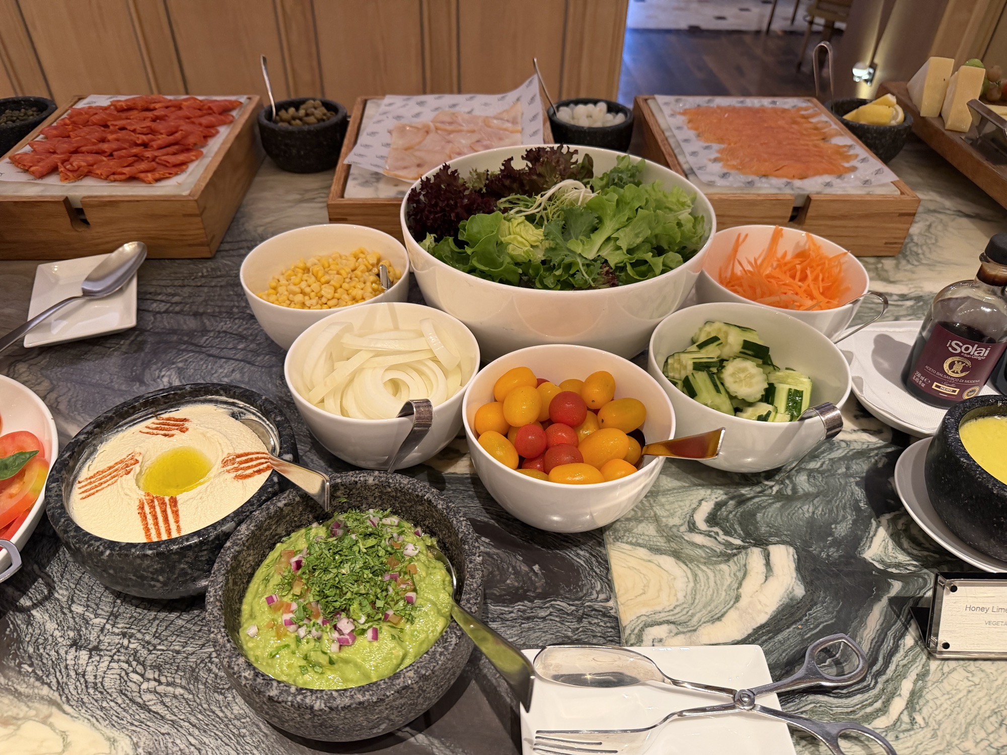 Salad bar with labneh and guacamole at the Riva del Fiume breakfast at Four Seasons Hotel Bangkok at Chao Phraya River