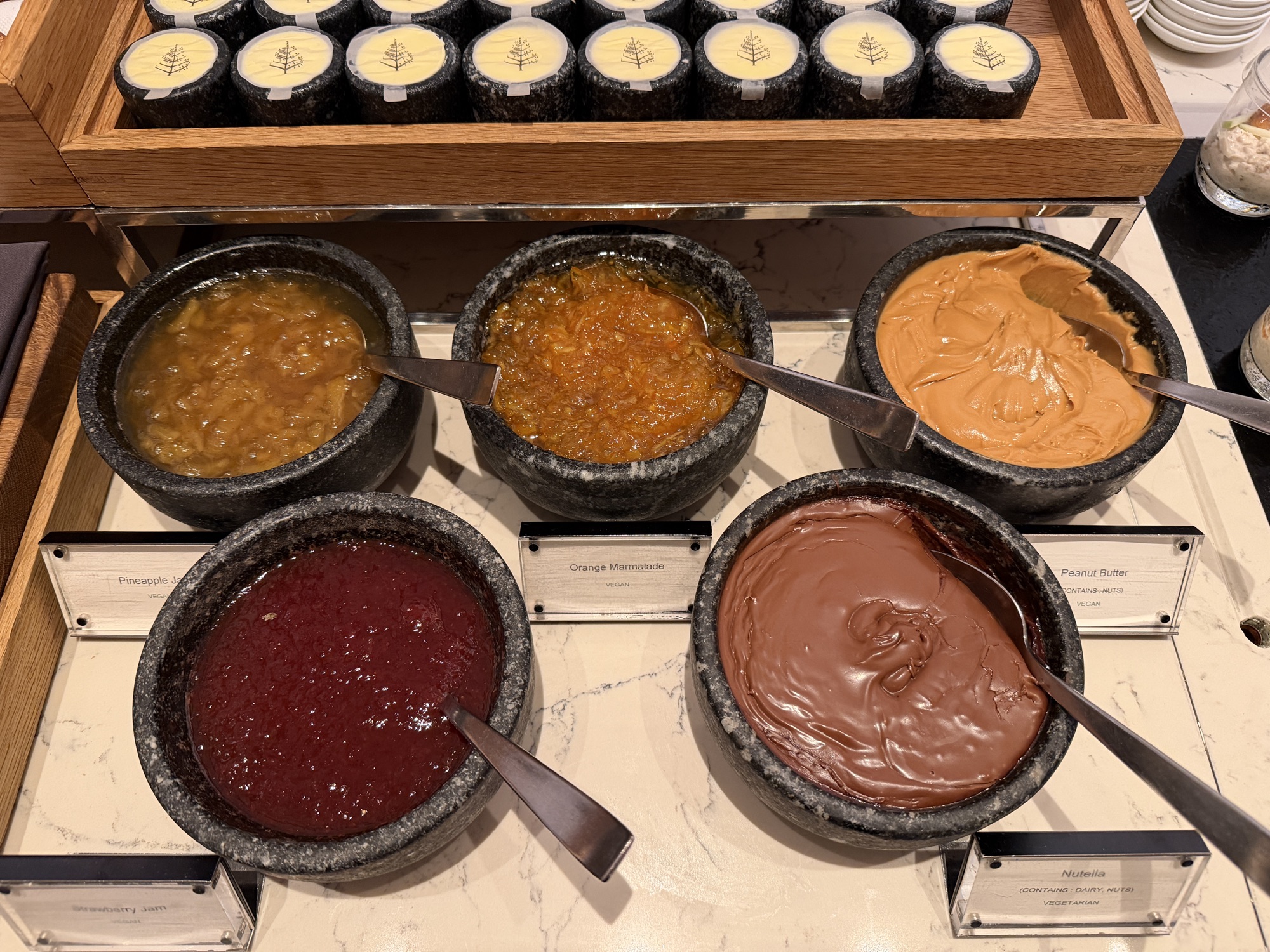 House-made jams and spreads at the Riva del Fiume breakfast at Four Seasons Hotel Bangkok at Chao Phraya River