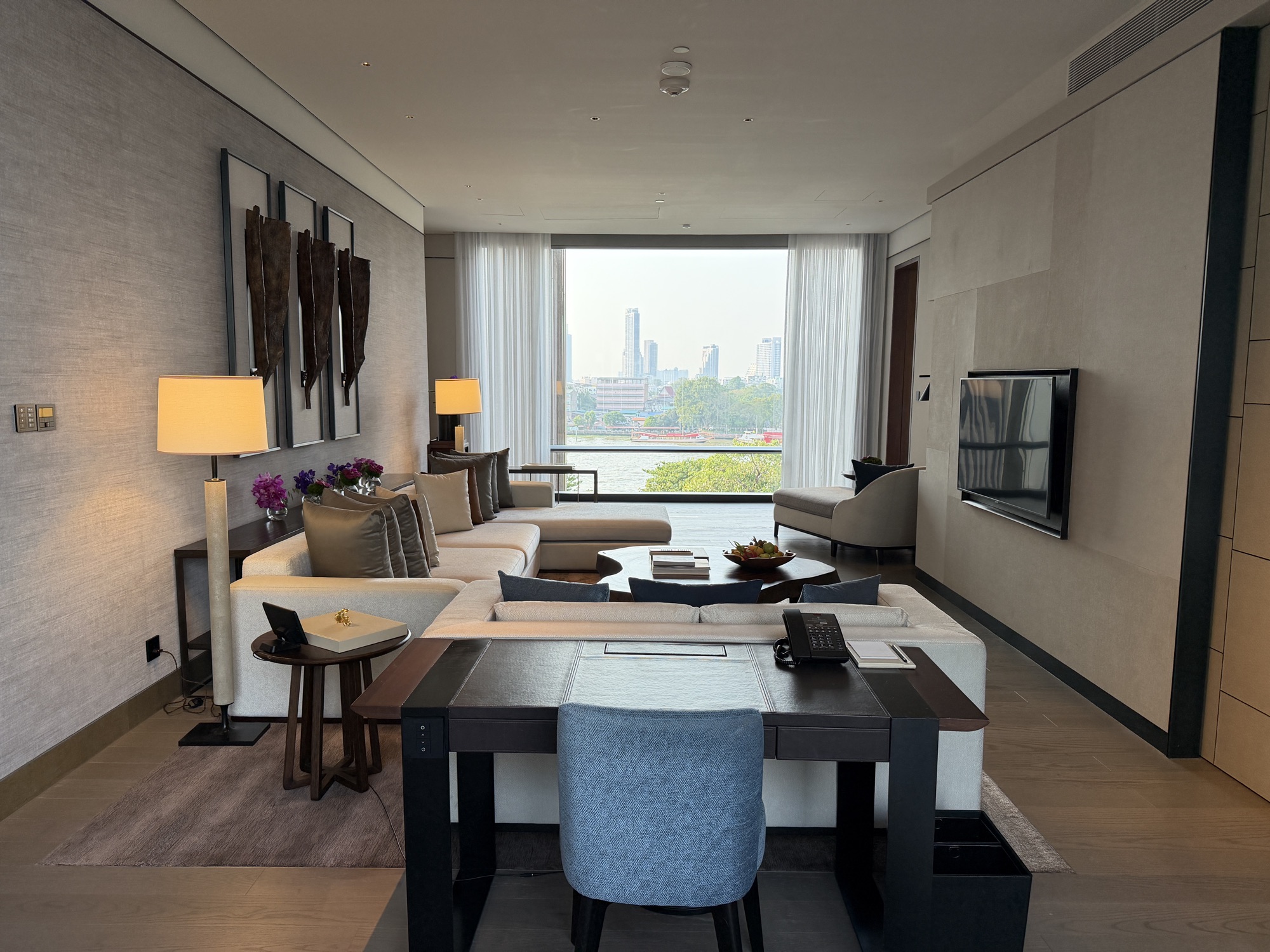 Round dining table with river views in the Executive Suite at Four Seasons Hotel Bangkok at Chao Phraya River