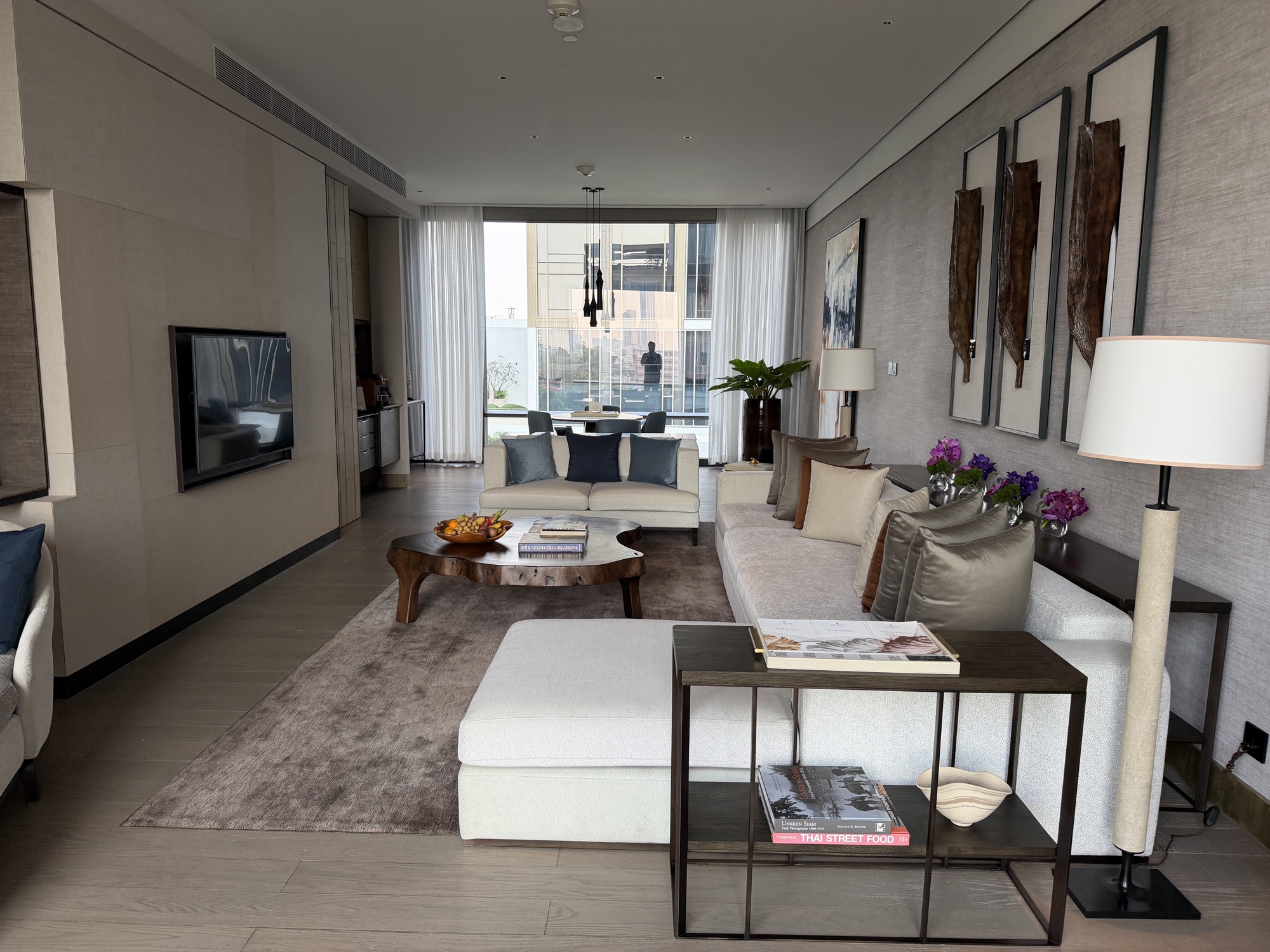 Living room of the Executive Suite with floor-to-ceiling river views at Four Seasons Hotel Bangkok at Chao Phraya River