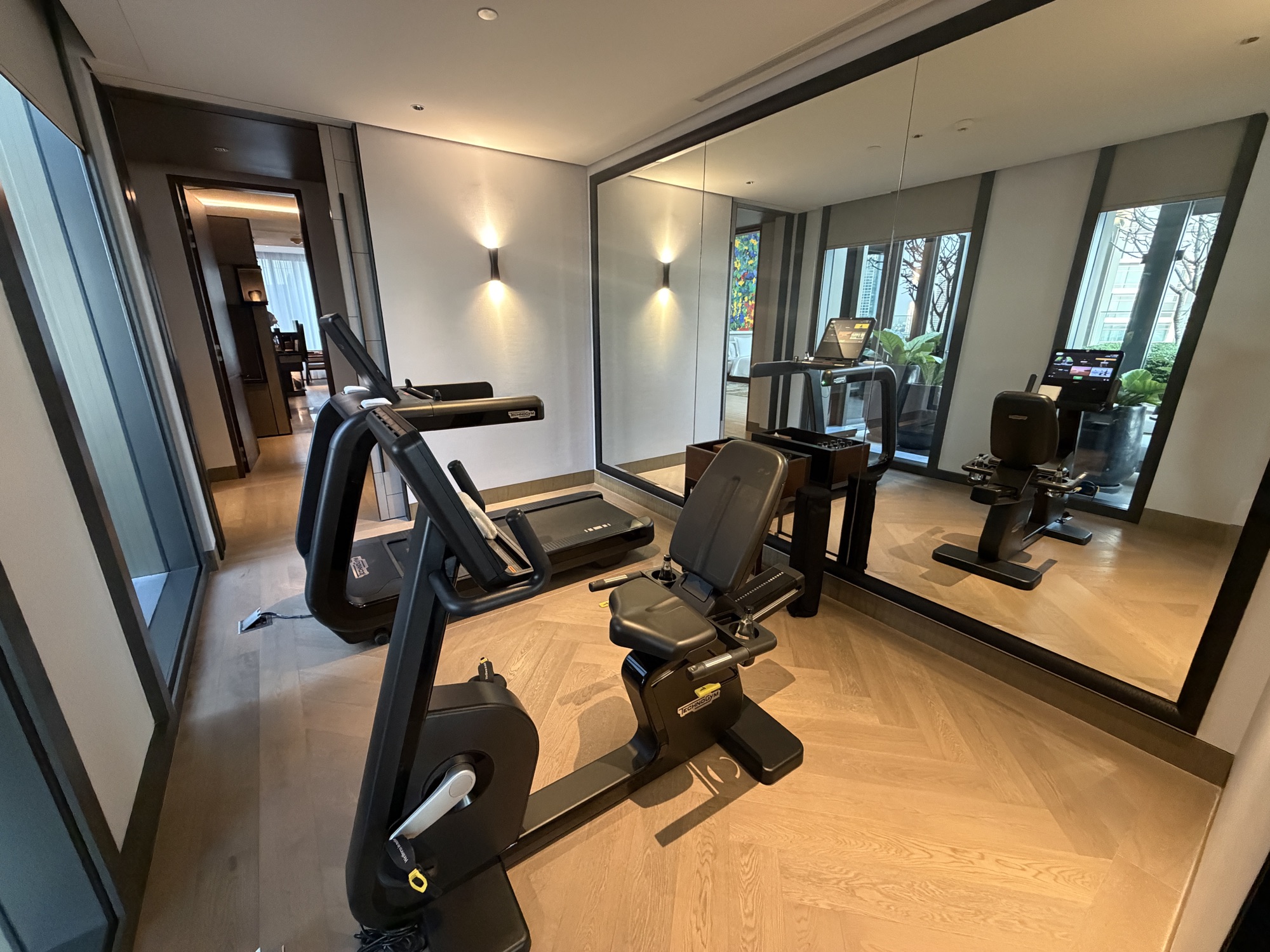 The penthouse's private gym, with Technogym kit and a mirrored wall. at Four Seasons Hotel Bangkok at Chao Phraya River