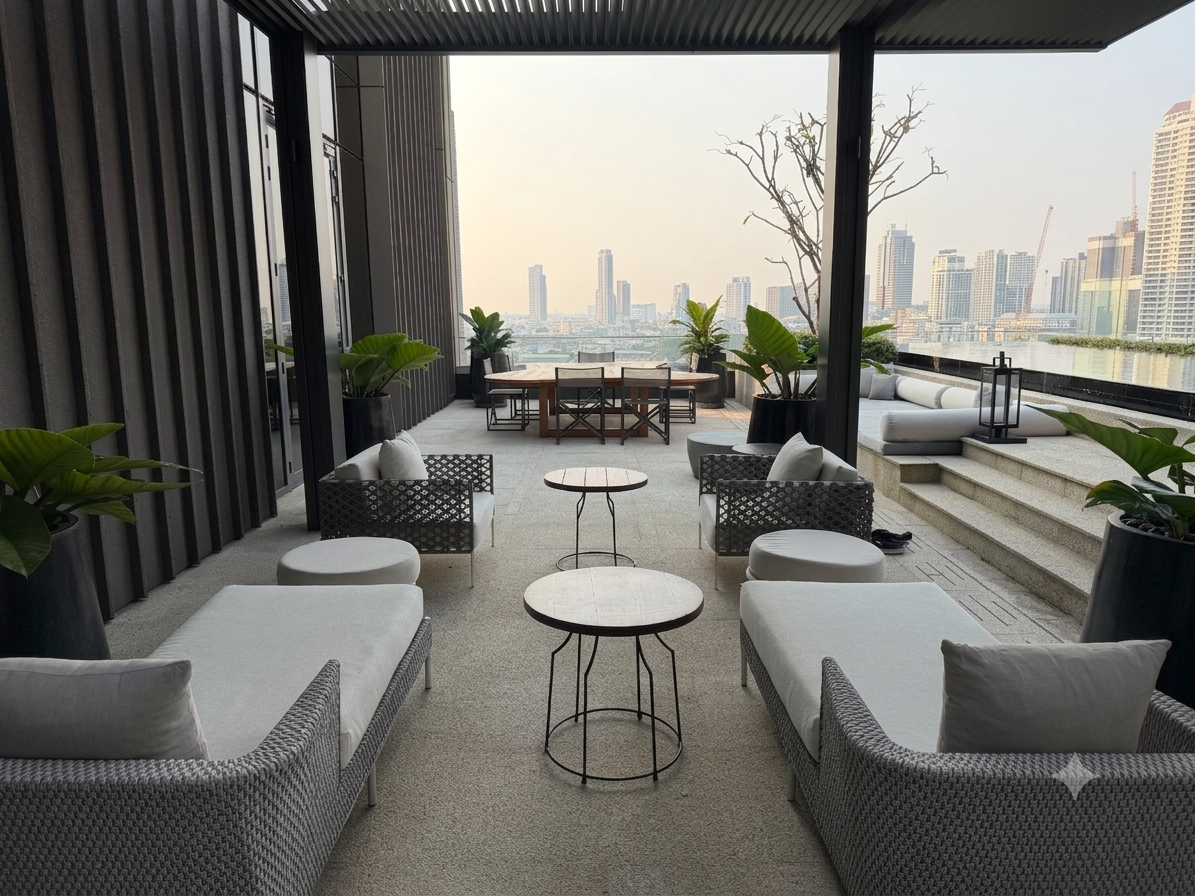 Covered loggia opening onto the rooftop terrace dining and lounge at Four Seasons Hotel Bangkok at Chao Phraya River