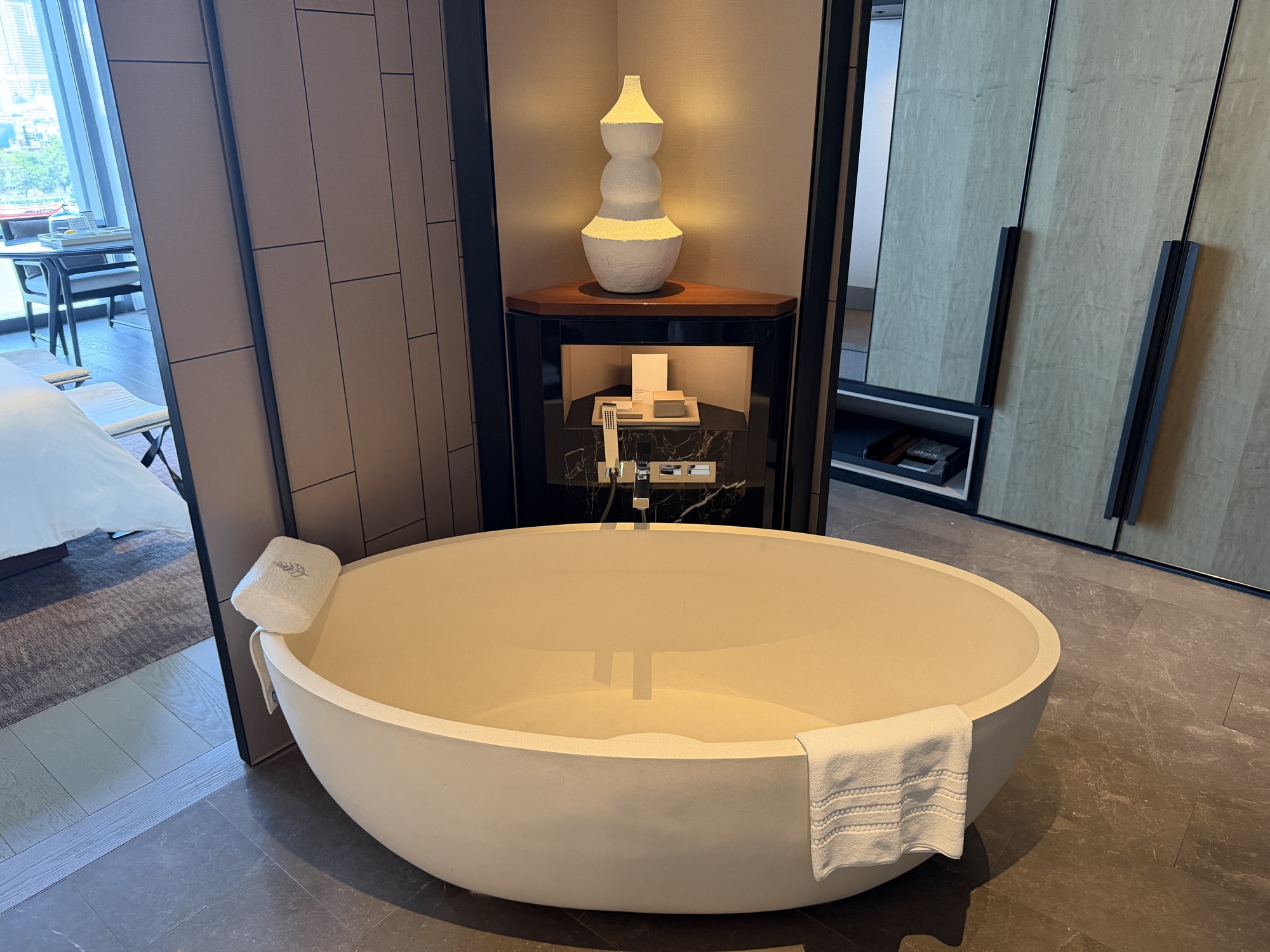 Oval soaking tub in the Deluxe River-View Room bathroom at Four Seasons Hotel Bangkok at Chao Phraya River