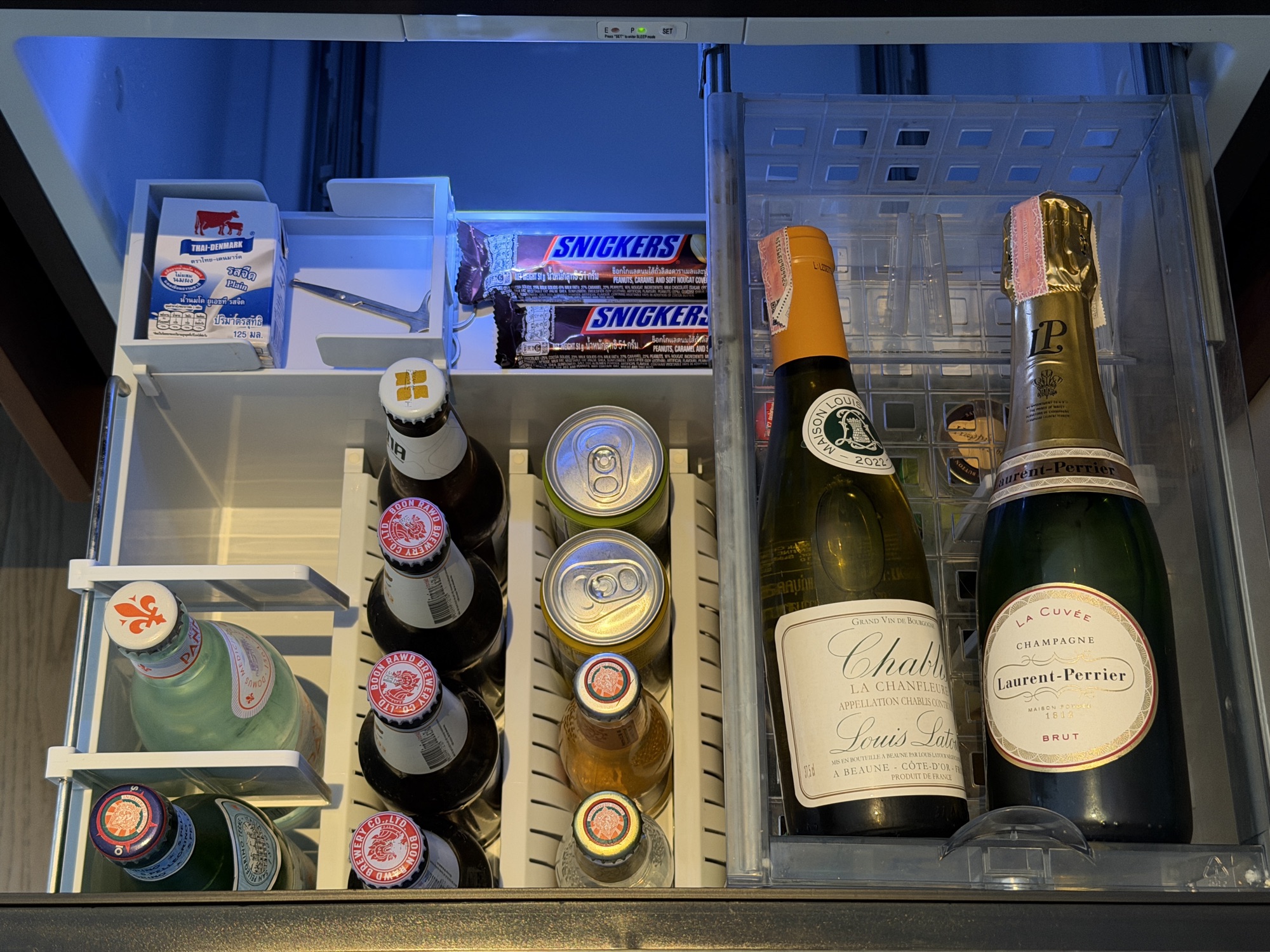 Minibar fridge with Champagne and drinks in the Deluxe River-View Room at Four Seasons Hotel Bangkok at Chao Phraya River