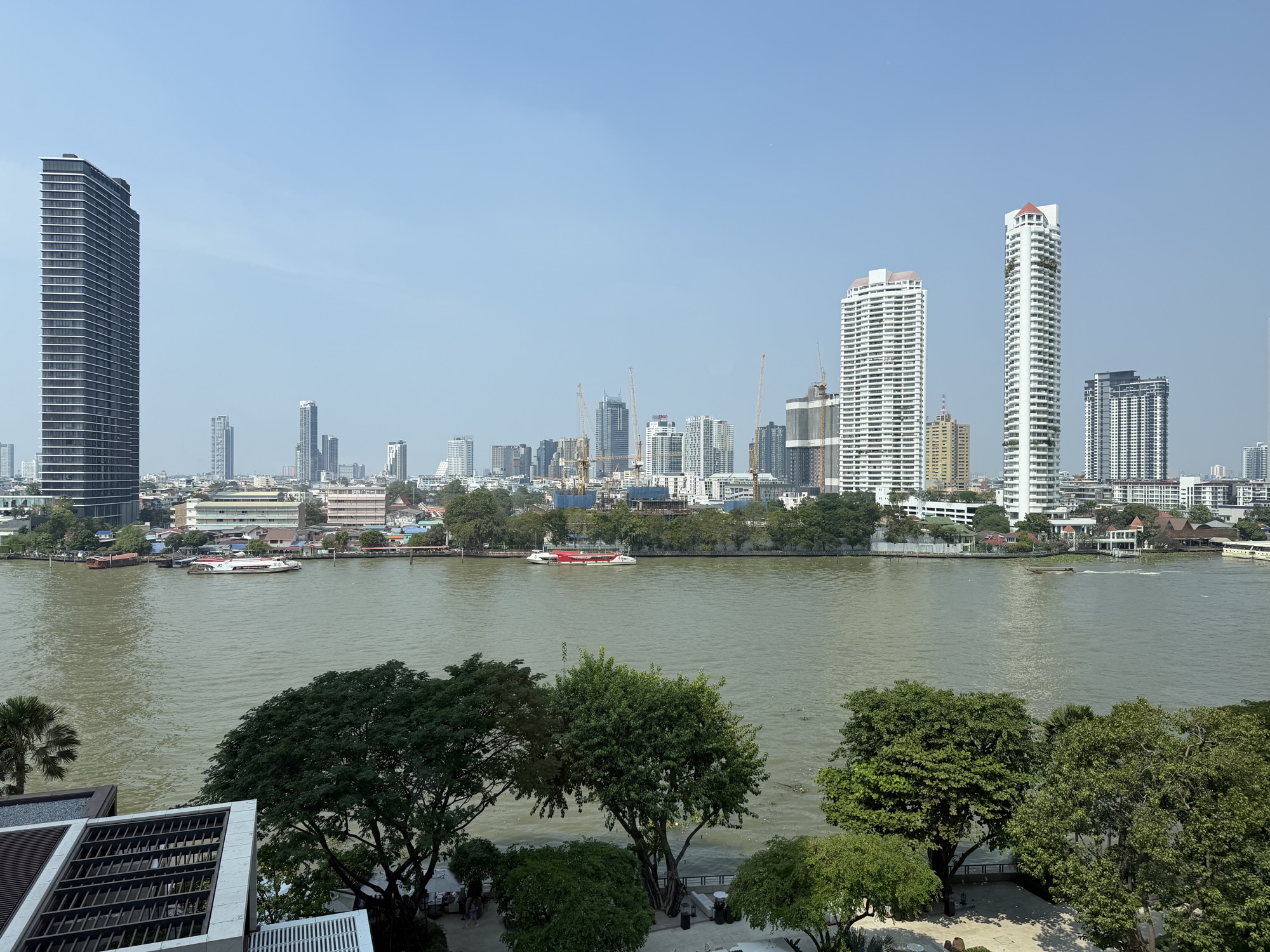 Chao Phraya River view from the Deluxe River-View Room at Four Seasons Hotel Bangkok at Chao Phraya River