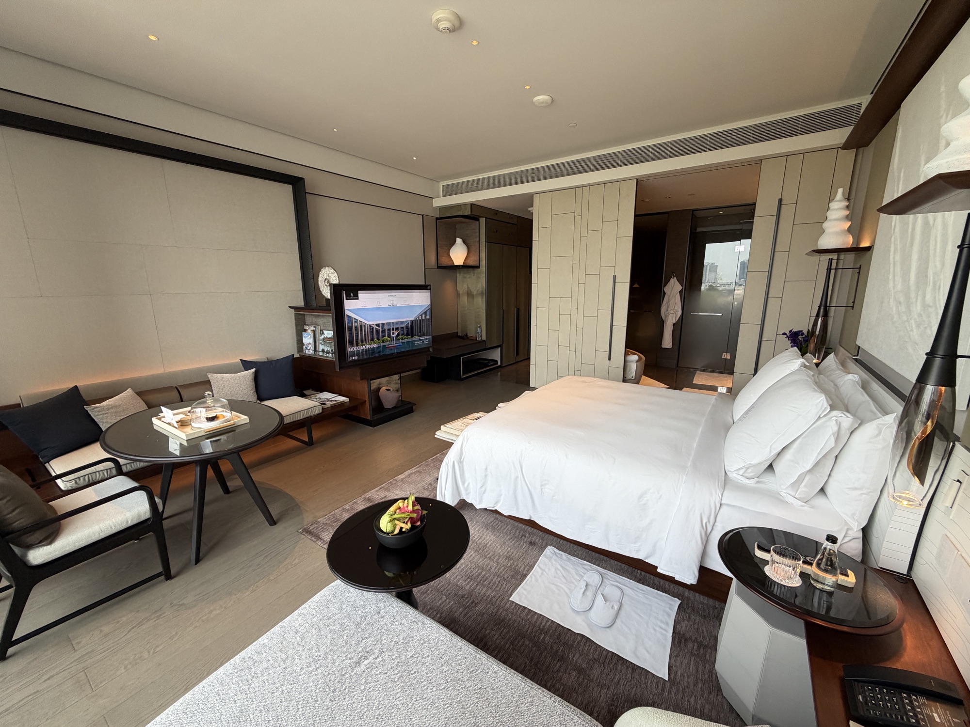Sitting area of the Deluxe River-View Room at Four Seasons Hotel Bangkok at Chao Phraya River