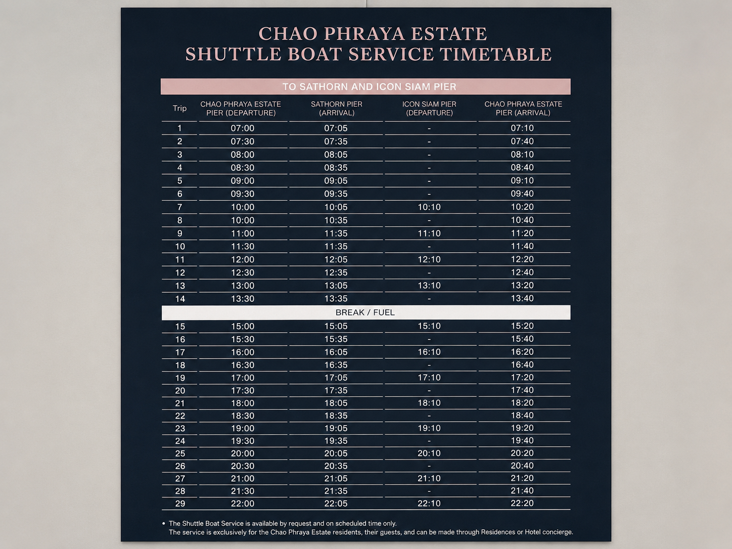 Chao Phraya Estate shuttle boat service timetable to Sathorn and IconSiam piers at Four Seasons Hotel Bangkok at Chao Phraya River