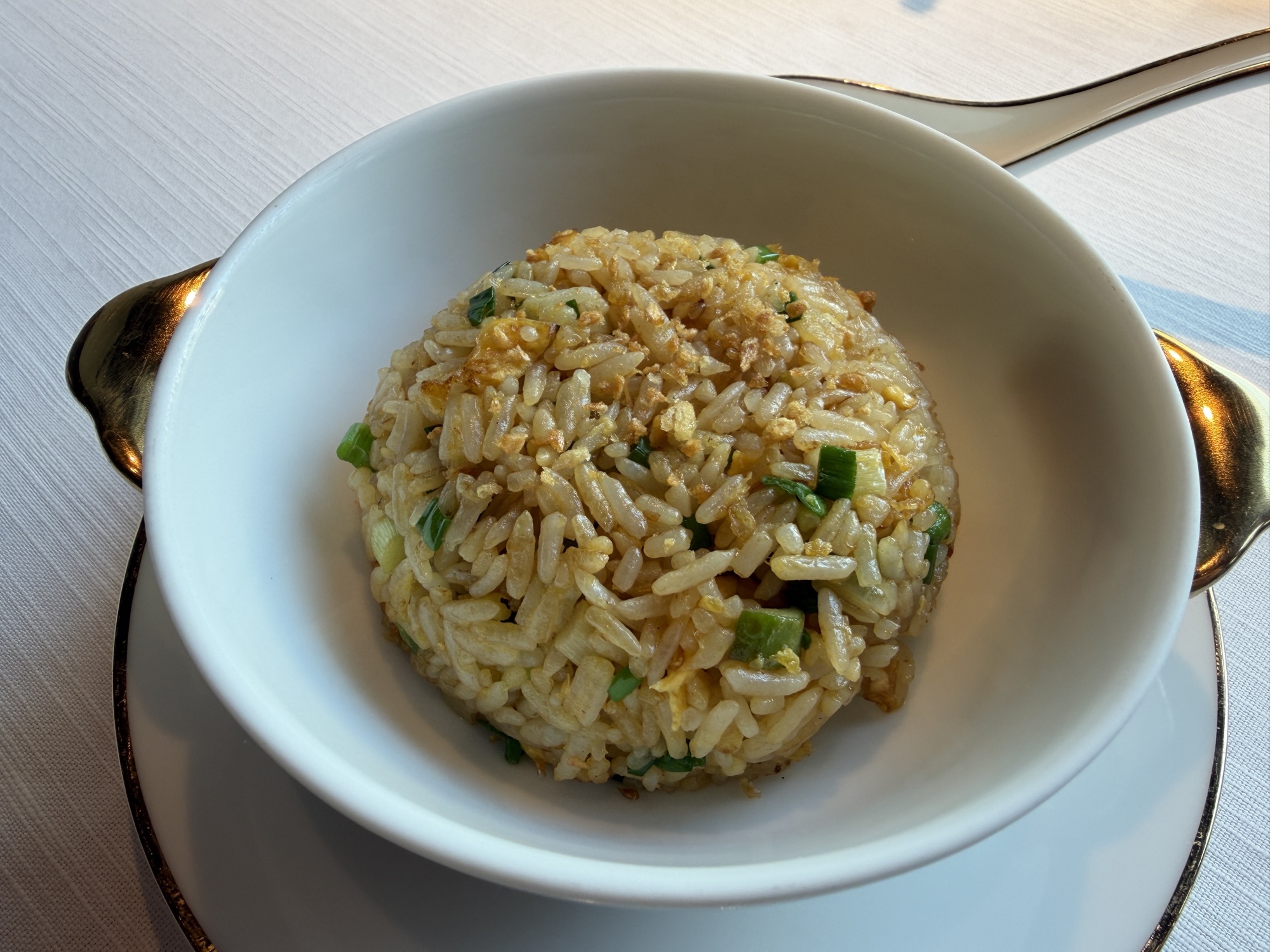 Fried rice with shrimp, scallops, and crispy garlic at Yu Ting Yuan at Four Seasons Hotel Bangkok at Chao Phraya River