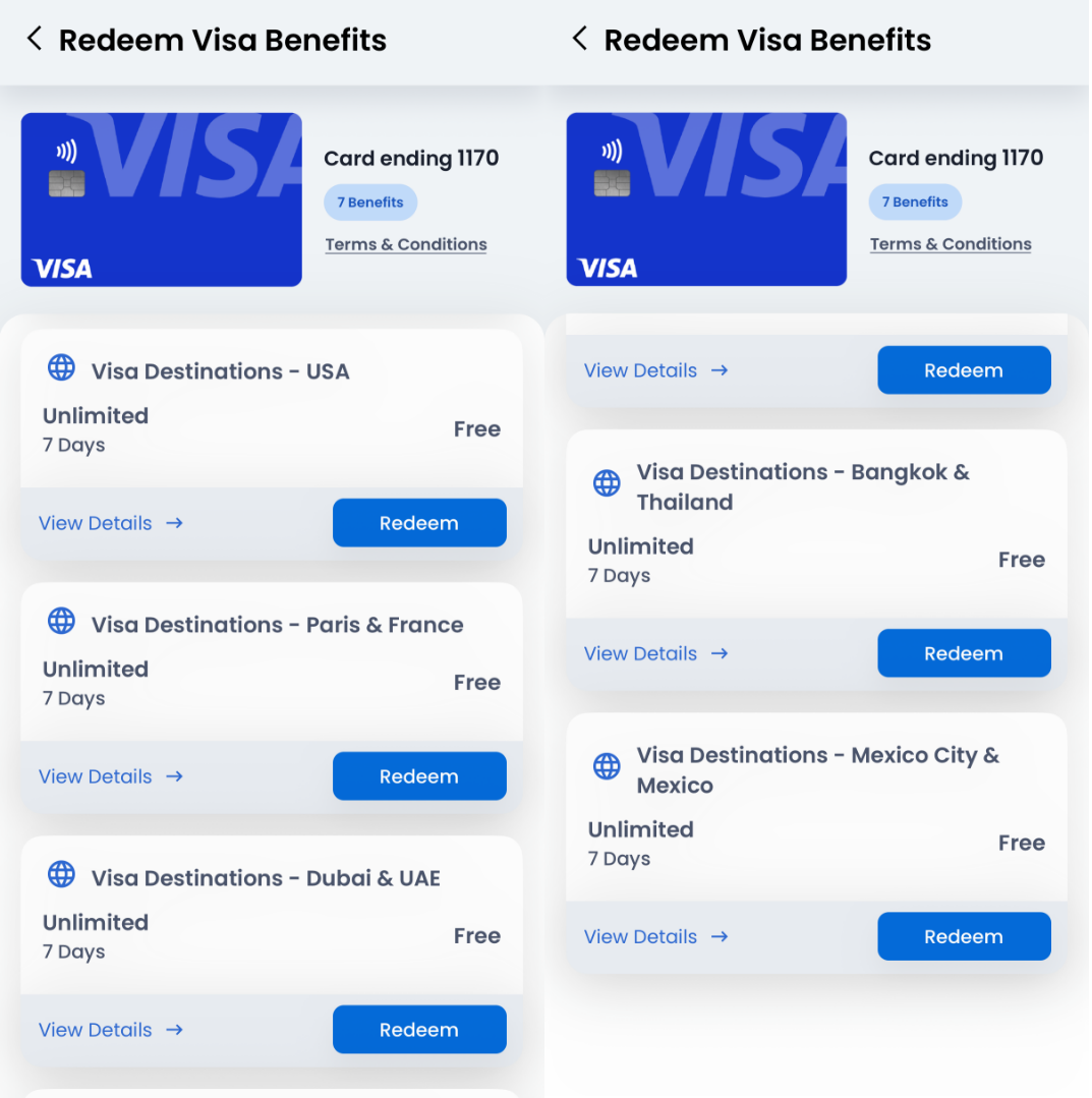 GigSky app showing five complimentary 7-day unlimited Visa Destinations data plans for the USA, France, the UAE, Thailand, and Mexico