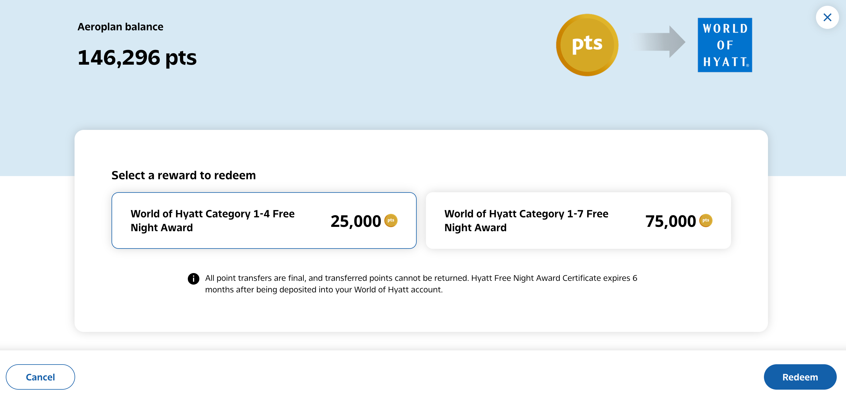 Redeeming Aeroplan points for World of Hyatt Category 1-4 and Category 1-7 Free Night Awards