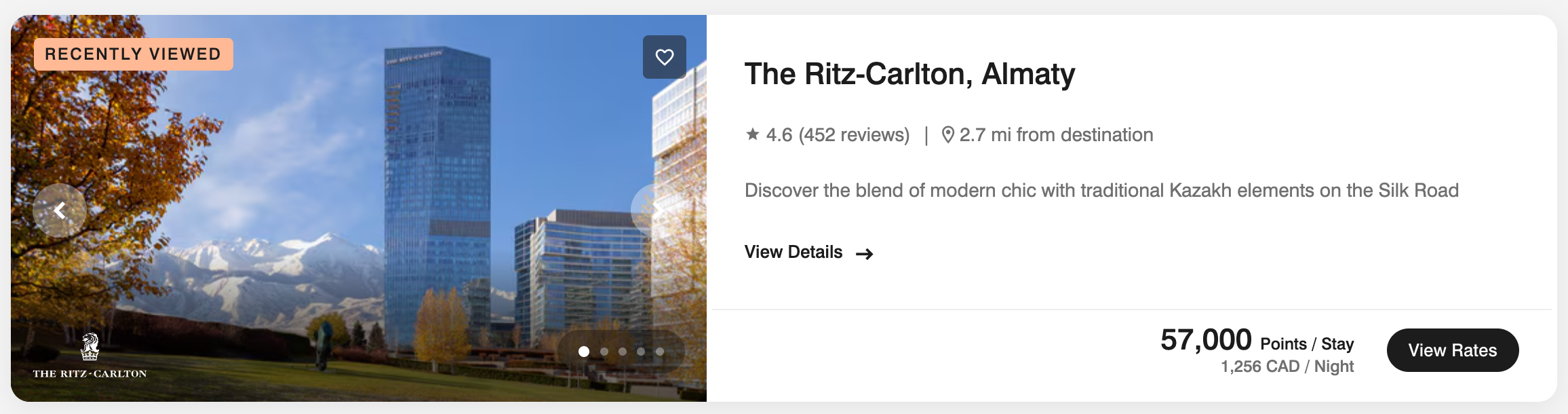 The Ritz-Carlton, Almaty award pricing, at 57,000 points per night versus a 1,256 CAD cash rate