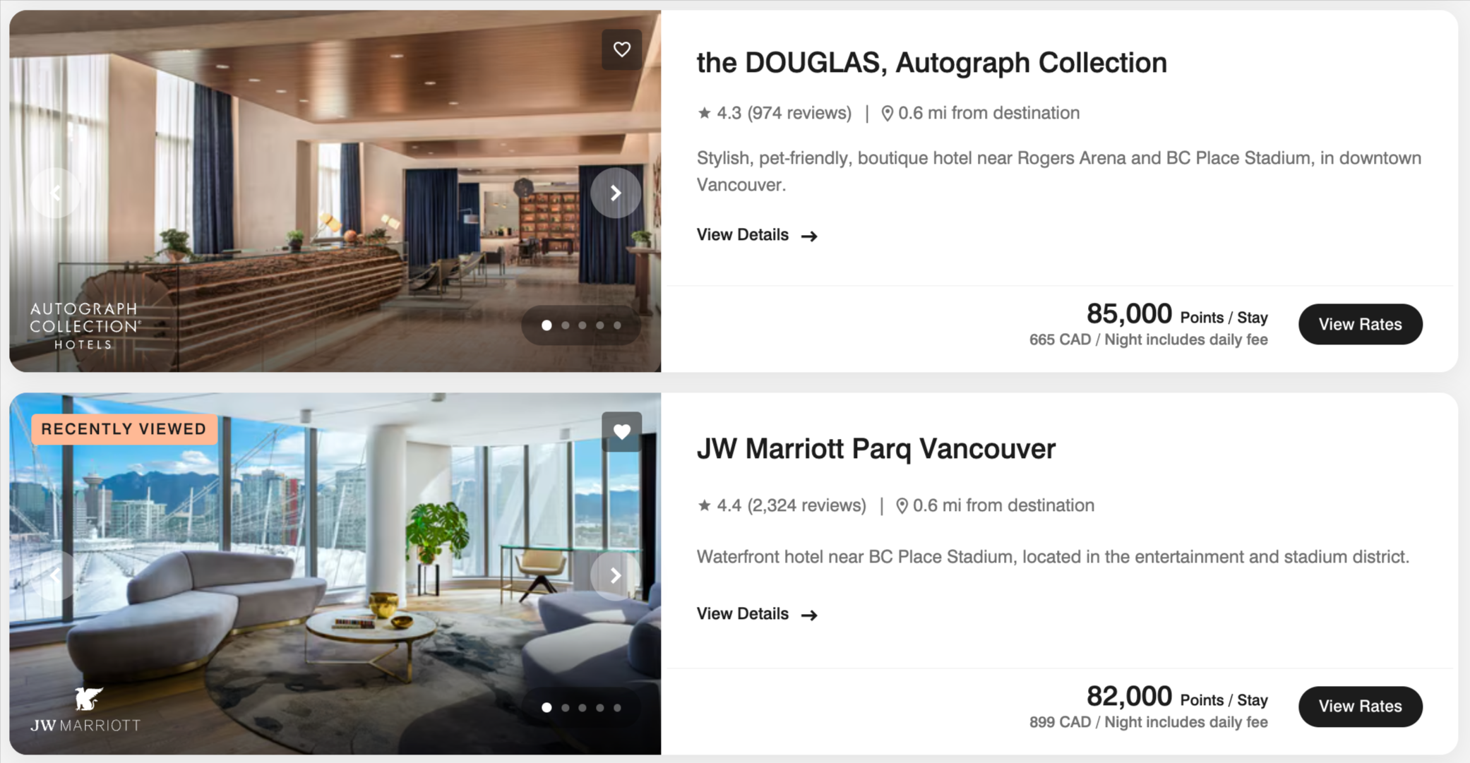Downtown Vancouver Marriott award pricing in 2026, at 82,000 to 85,000 points per night
