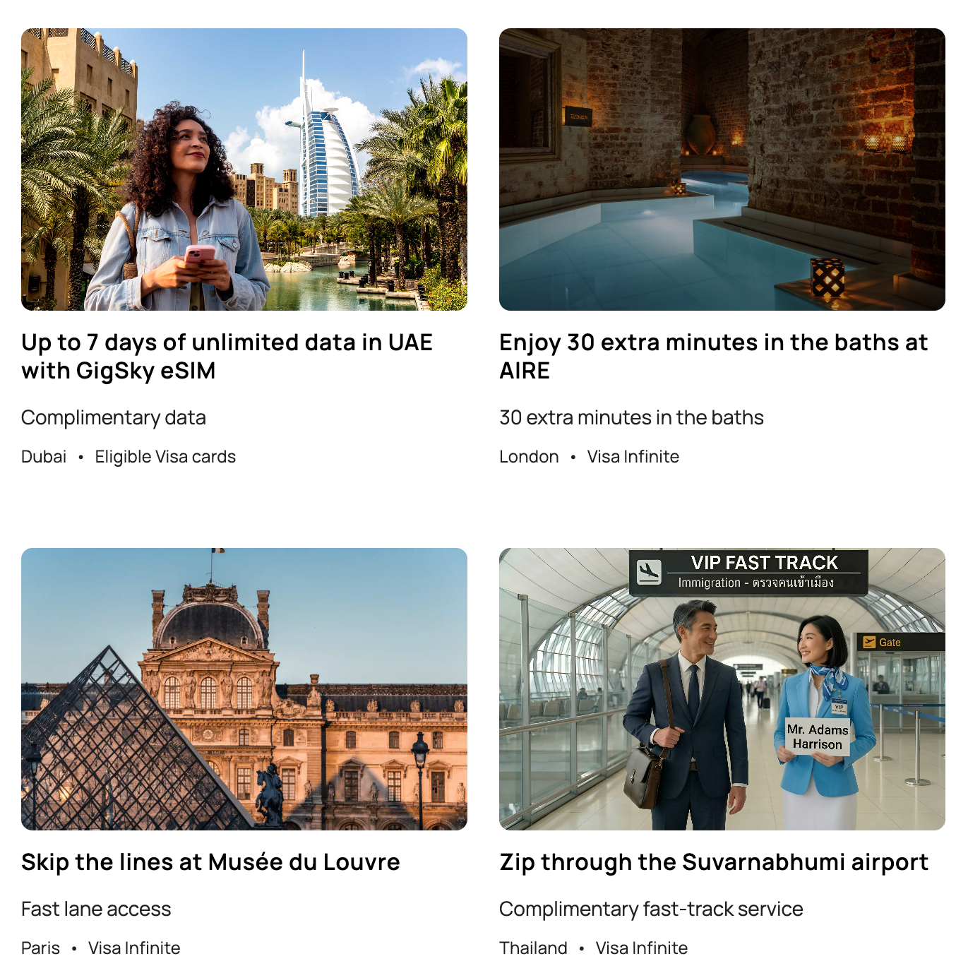 Visa Destinations offers for a Canadian Visa card, including unlimited GigSky data, extra time at AIRE London, Louvre Fast Lane access, and the Suvarnabhumi fast track