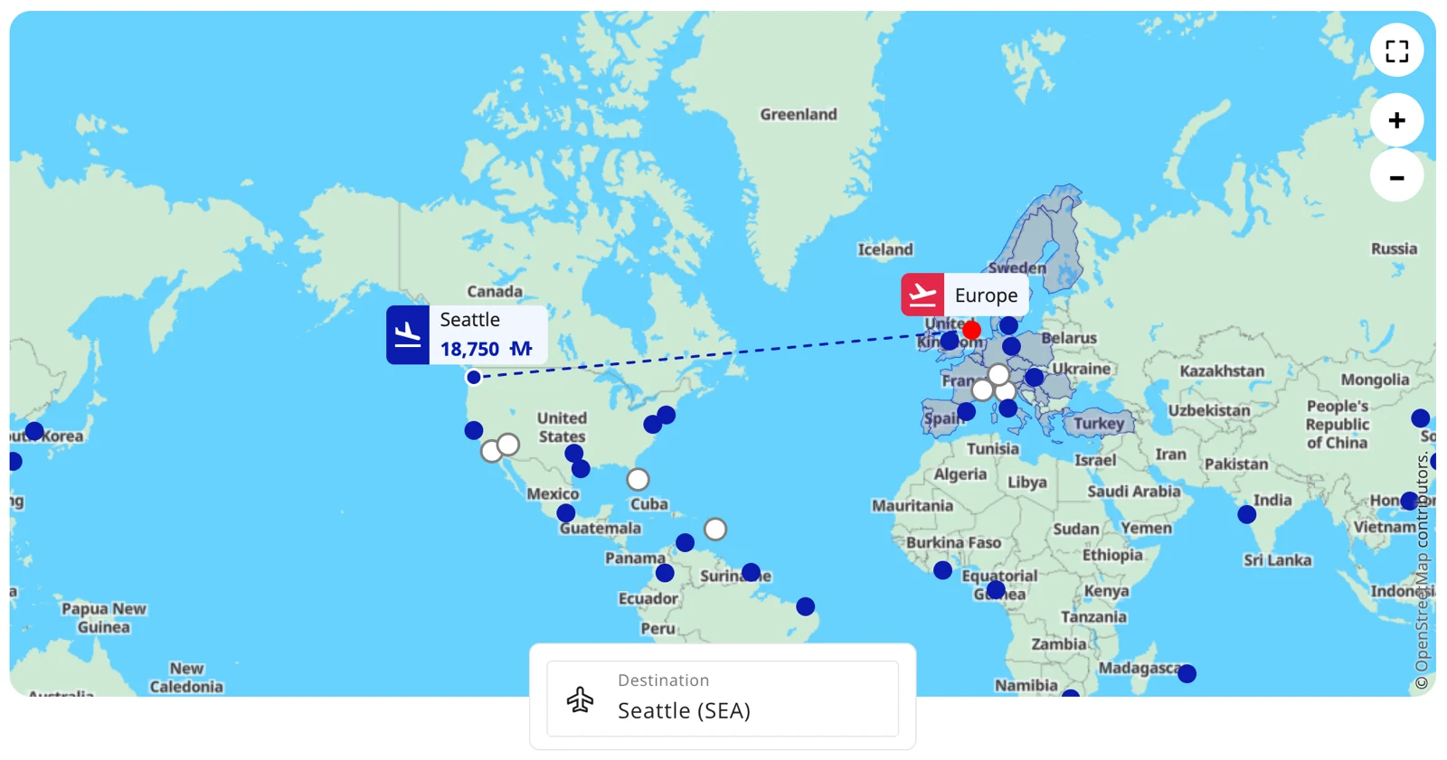 Flying Blue Promo Rewards map showing economy awards between Europe and Seattle for 18,750 miles