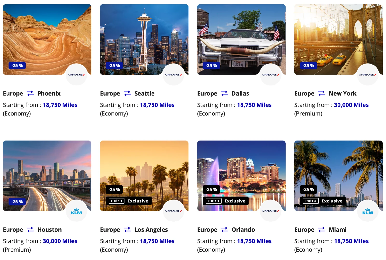 Flying Blue Promo Rewards for August 2026 showing discounted fares from Europe to Phoenix, Seattle, Dallas, New York, Houston, Los Angeles, Orlando, and Miami