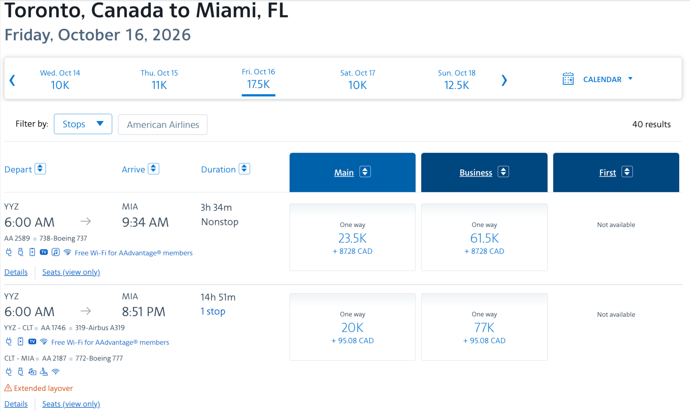 American Airlines award search for Toronto to Miami on October 16, 2026 showing 23.5K miles in Main and 61.5K in Business