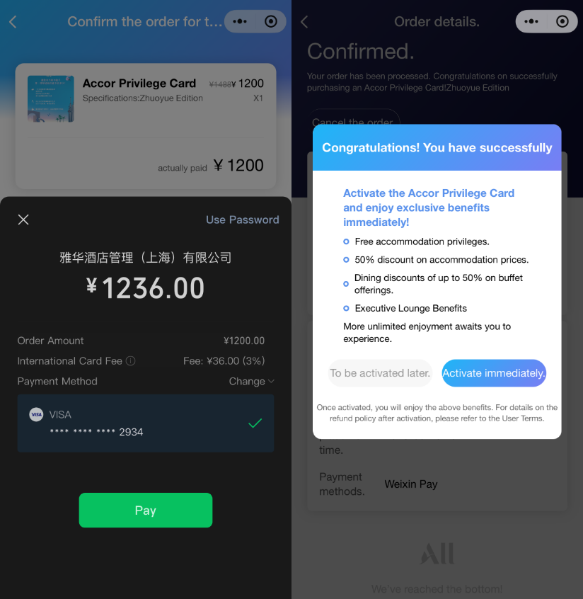 WeChat Pay checkout with an international Visa and 3 percent card fee, next to the Accor Privilege Card activation prompt