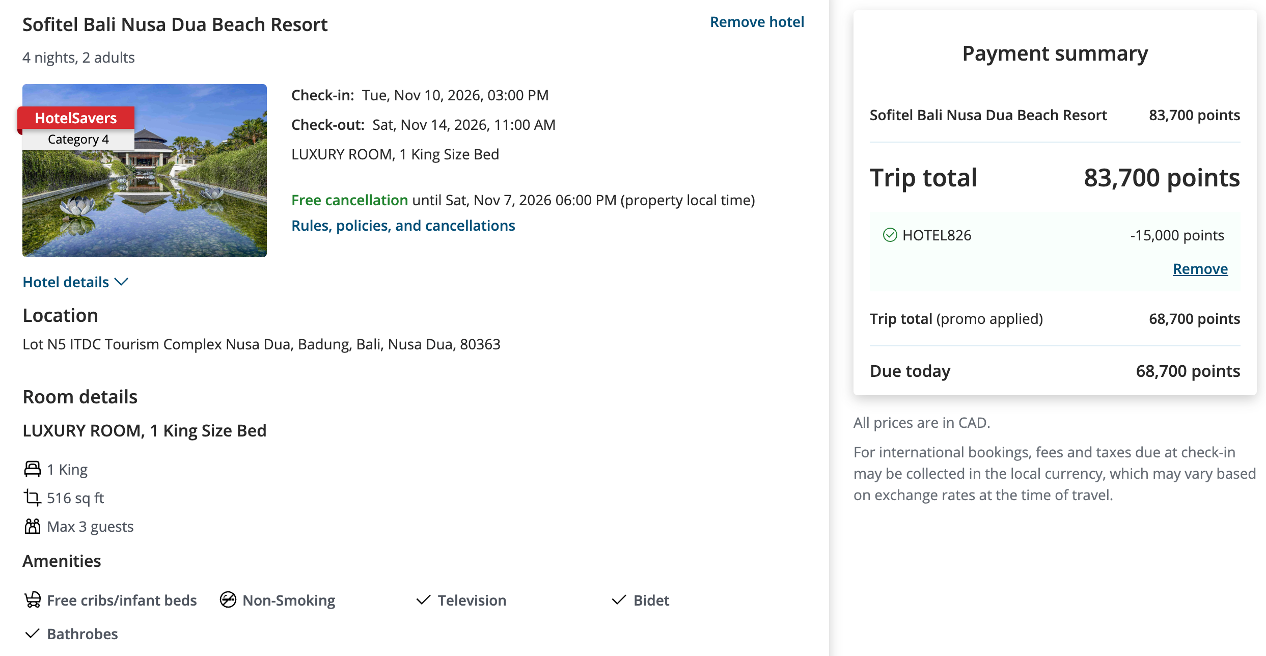 Aeroplan cart for the Sofitel Bali Nusa Dua Beach Resort with HOTEL826 applied, reducing 83,700 points to 68,700