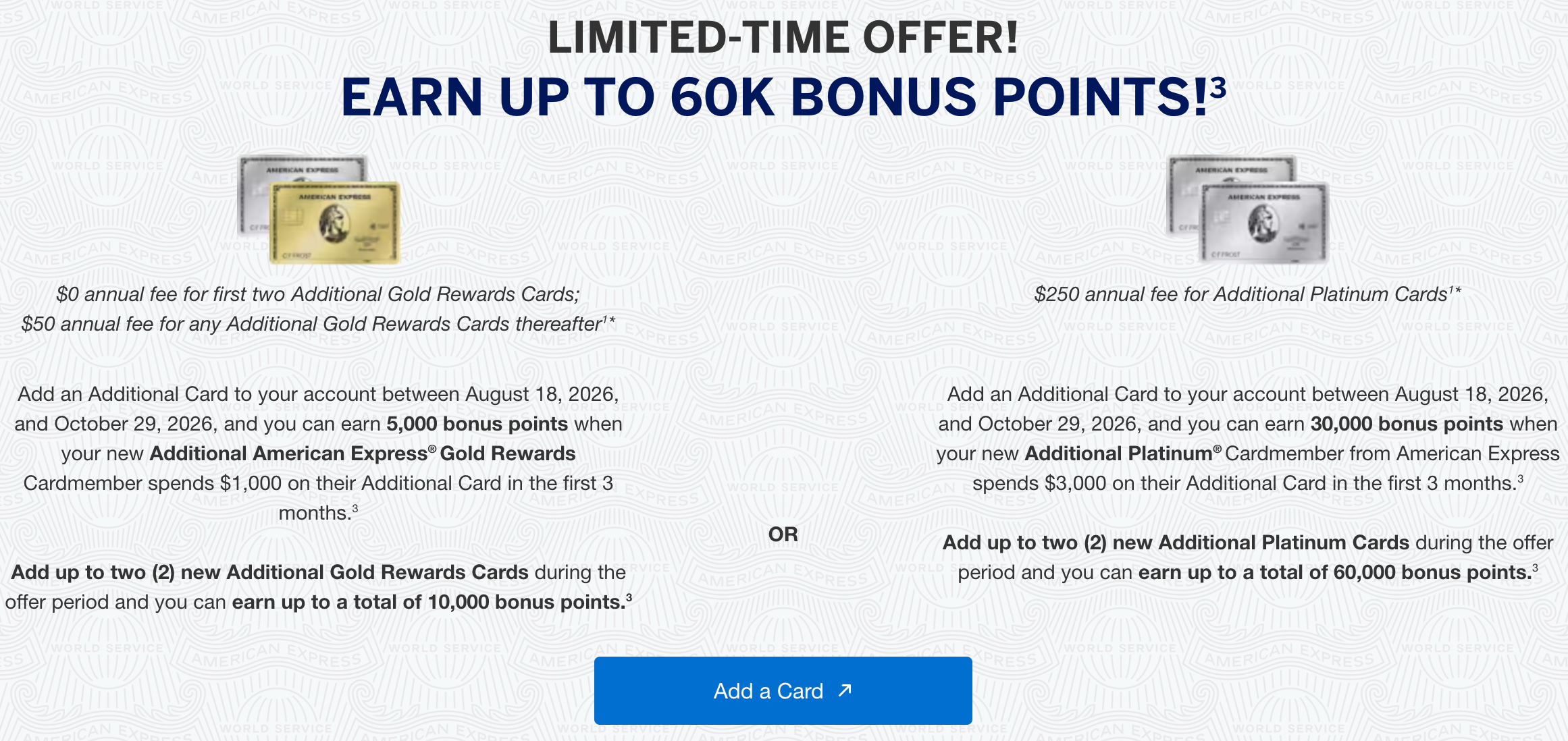 American Express Platinum Card additional card offer: earn up to 60,000 bonus points by adding up to two Additional Platinum Cards between August 18 and October 29, 2026