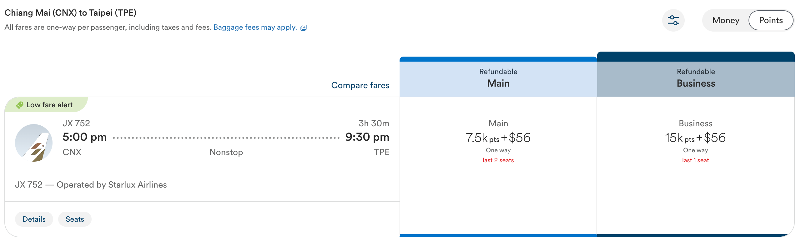 STARLUX business class award from Chiang Mai to Taipei for 15,000 Atmos Rewards points on the Atmos website