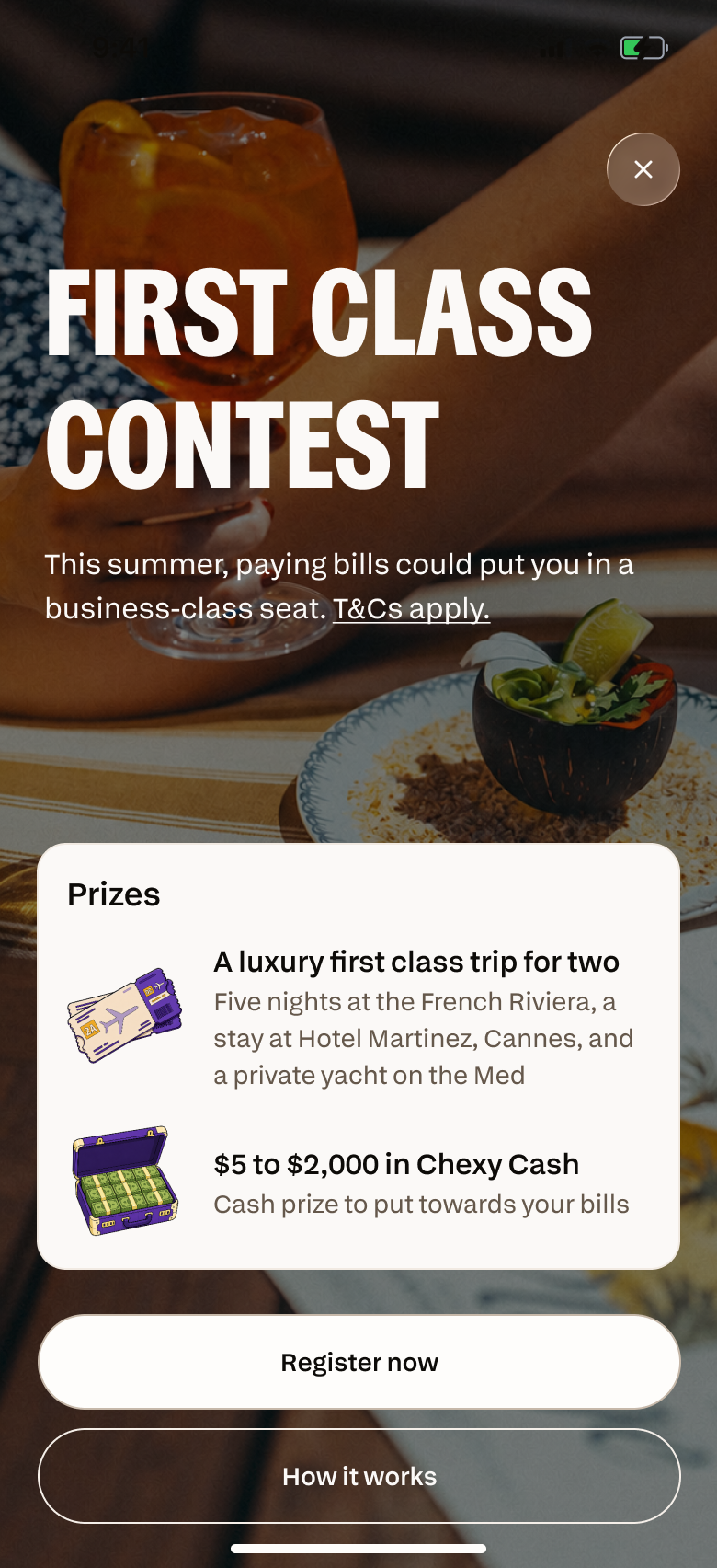 Chexy app First Class Contest screen showing the grand prize trip for two and Chexy Cash prizes