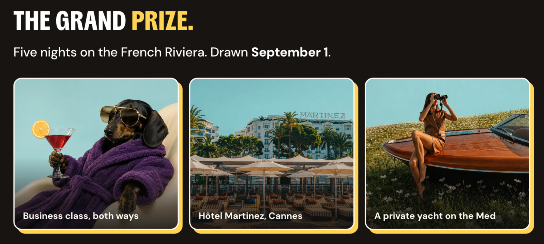 Chexy First Class contest grand prize cards showing business class flights, Hôtel Martinez in Cannes, and a private yacht on the Mediterranean