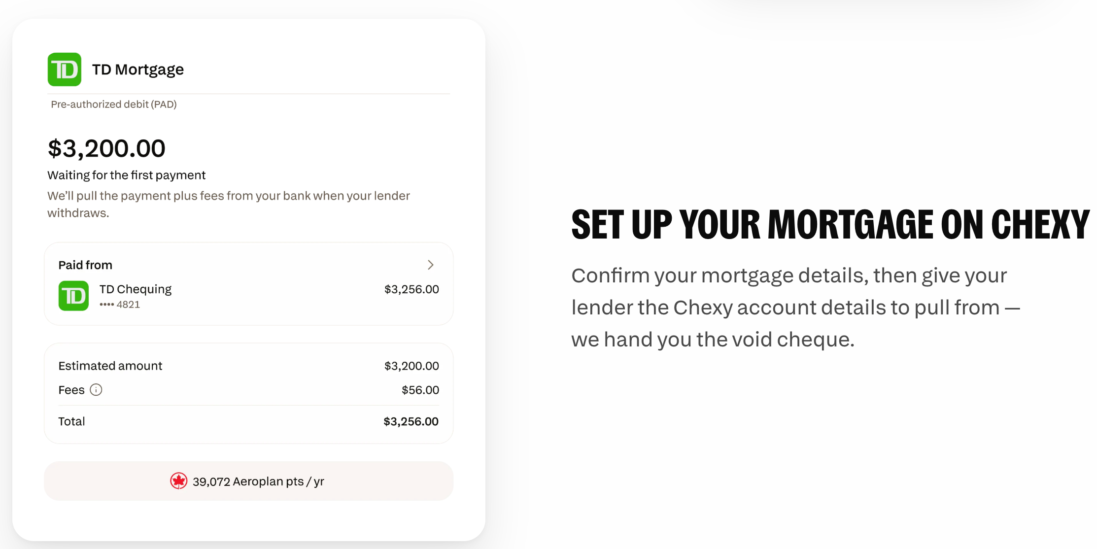 Chexy mortgage payment showing the 1.75% fee A $3,200 mortgage payment through Chexy showing $56 in fees for a total of $3,256