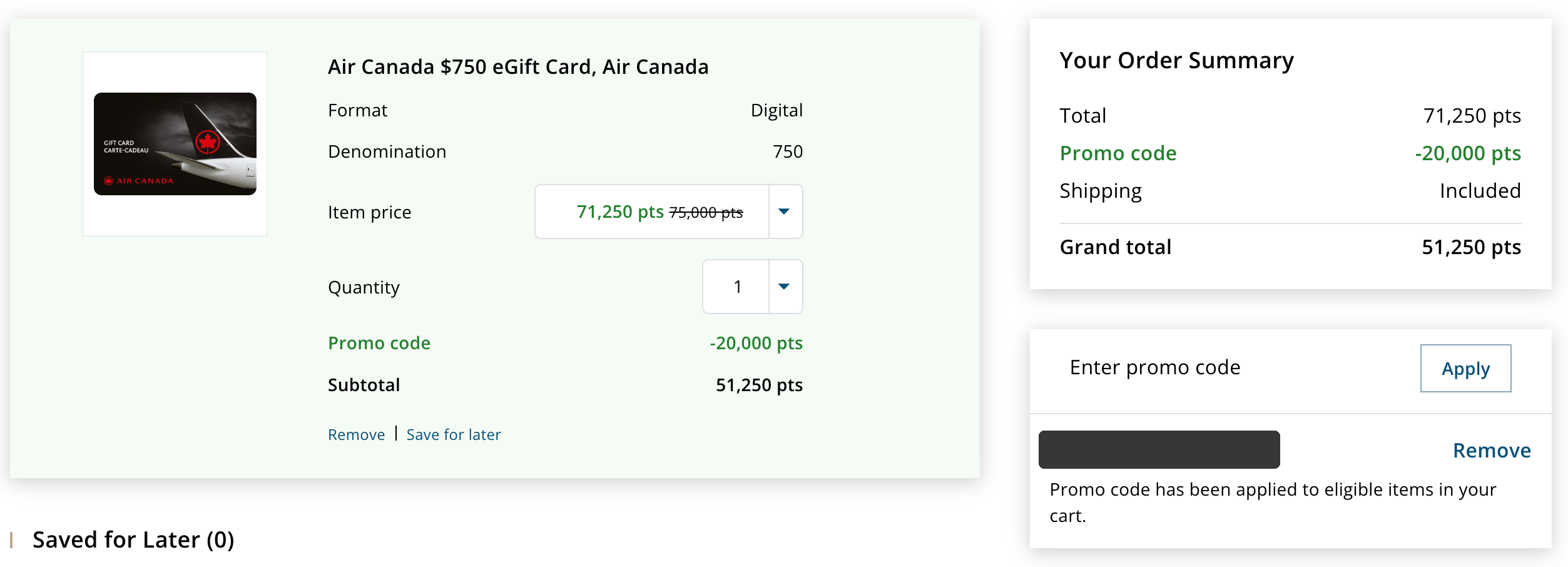Air Canada $750 eGift Card on the Aeroplan eStore showing 51,250 points after the 20,000-point Elite promo discount