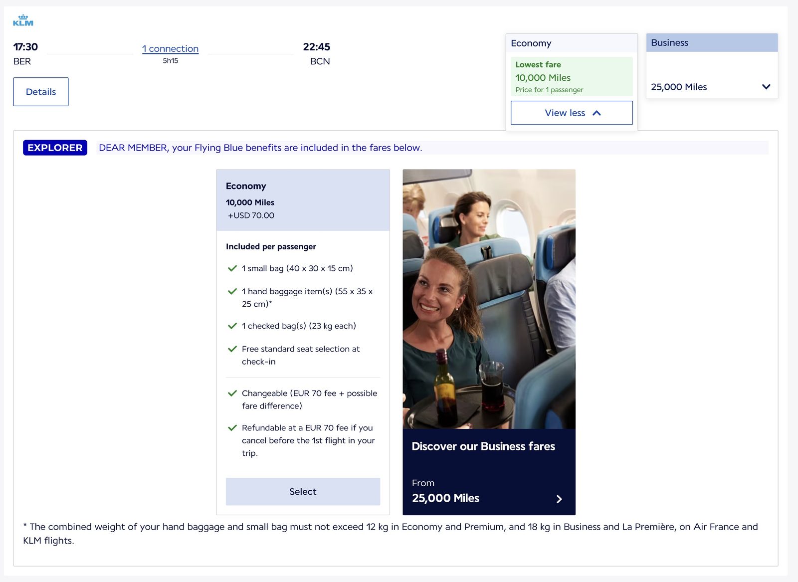 Current Flying Blue award display showing a single economy fare with checked bag and EUR 70 changes for a member without status