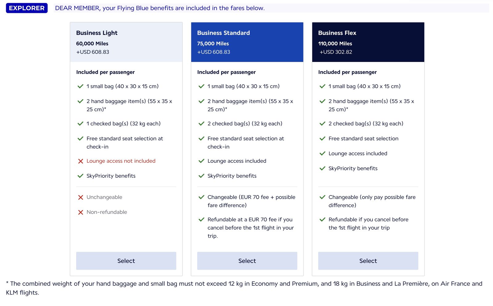 Flying Blue branded business class fares from September 8 showing Light at 60,000 miles, Standard at 75,000 miles, and Flex at 110,000 miles for a member without status