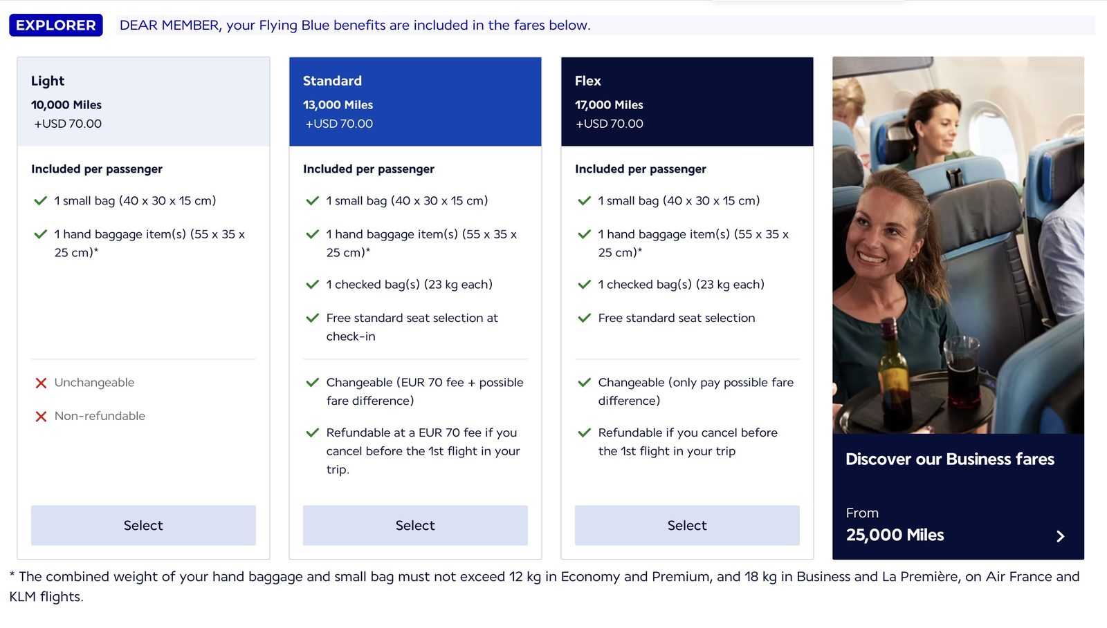 Flying Blue branded fares display from September 8 showing Light, Standard, and Flex economy fares for a member without status
