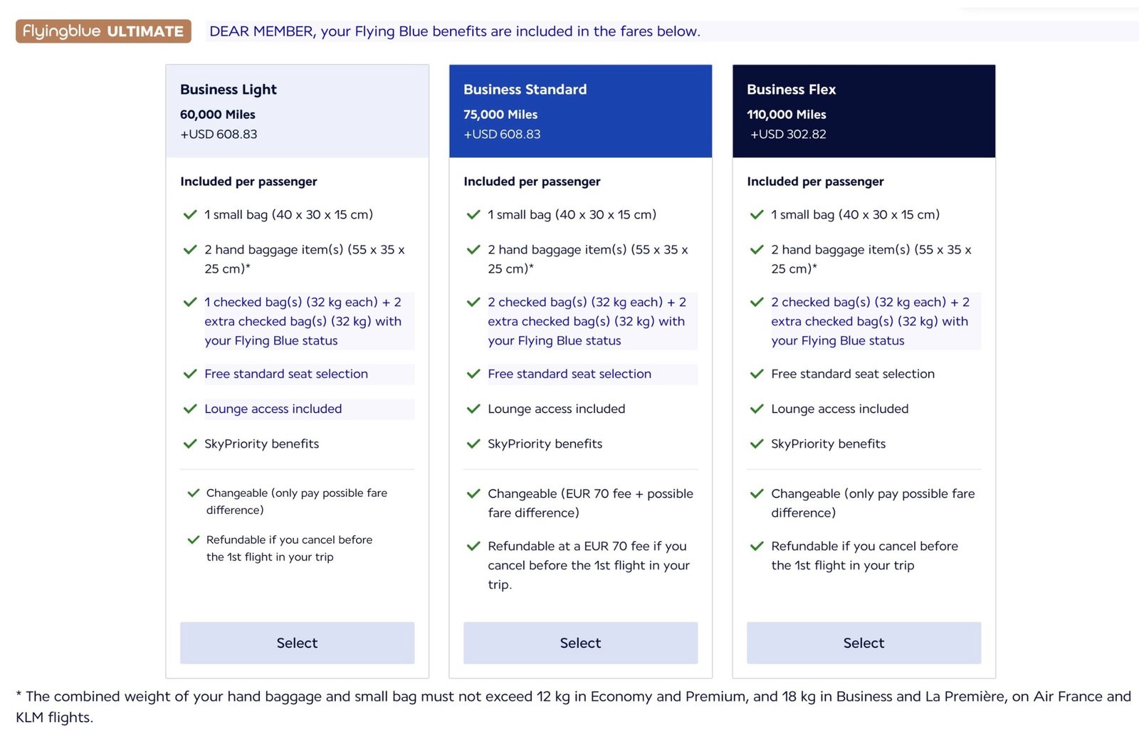 Flying Blue branded business class fares as seen by an Ultimate member