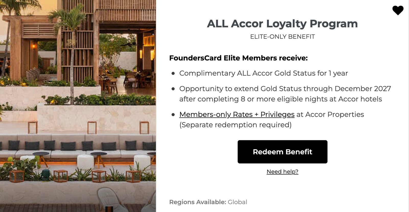 FoundersCard ALL Accor Loyalty Program Elite-only benefit showing complimentary Gold status for one year
