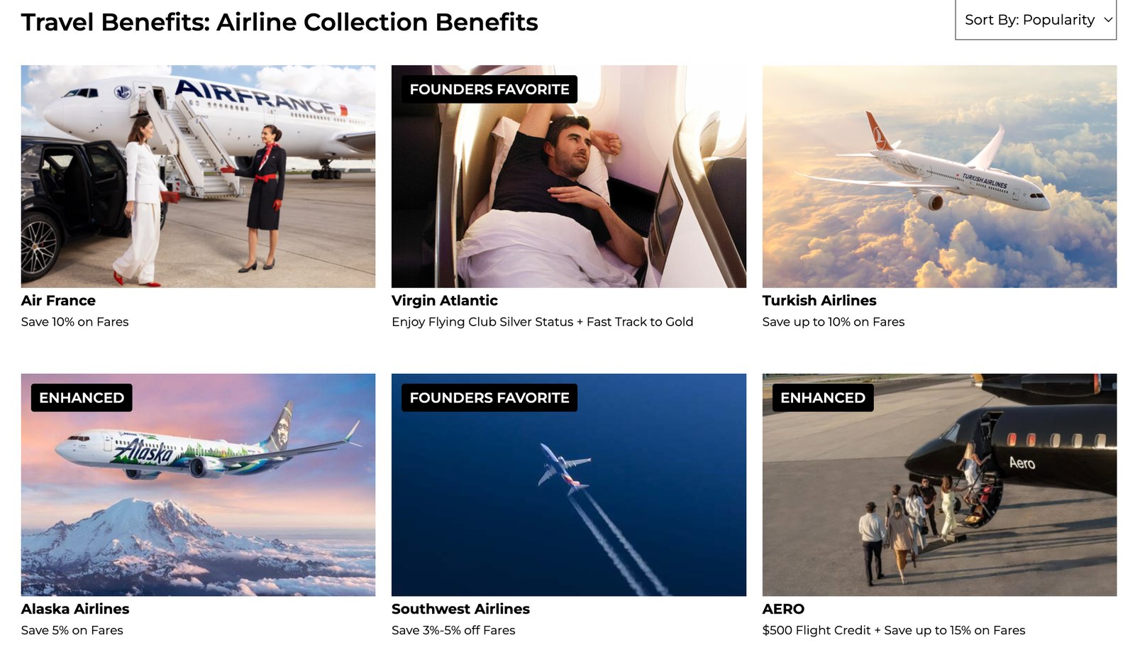 FoundersCard airline benefits showing fare discounts with Air France, Virgin Atlantic, Turkish Airlines, Alaska, Southwest, and Aero