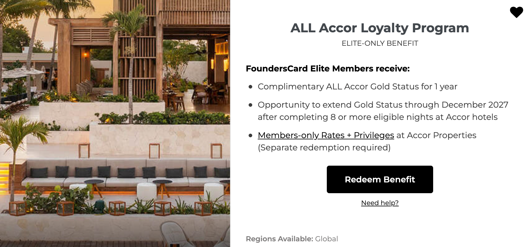 FoundersCard Elite-only ALL Accor benefit showing complimentary Gold status for one year with an extension through December 2027