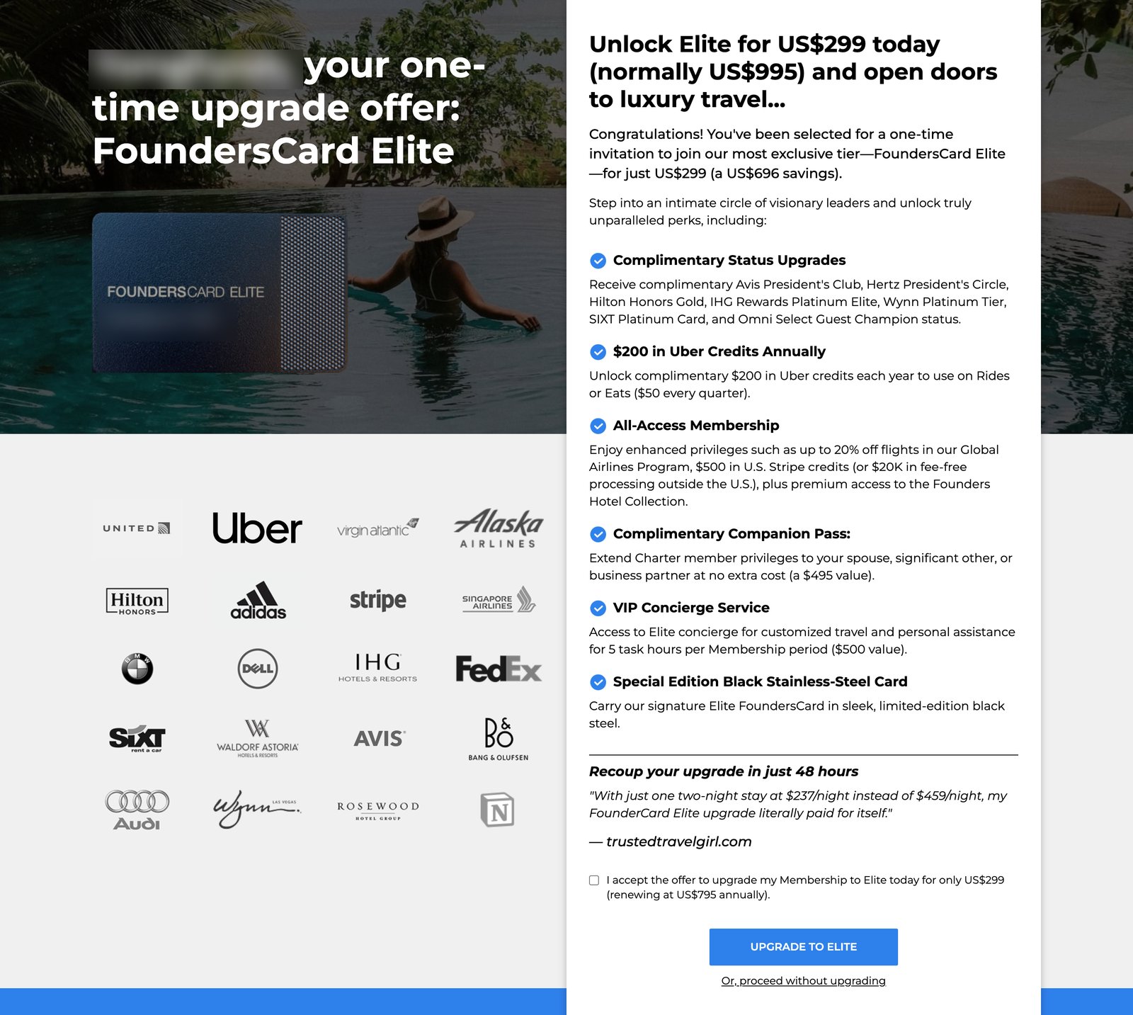 FoundersCard Elite one-time upgrade offer for US$299