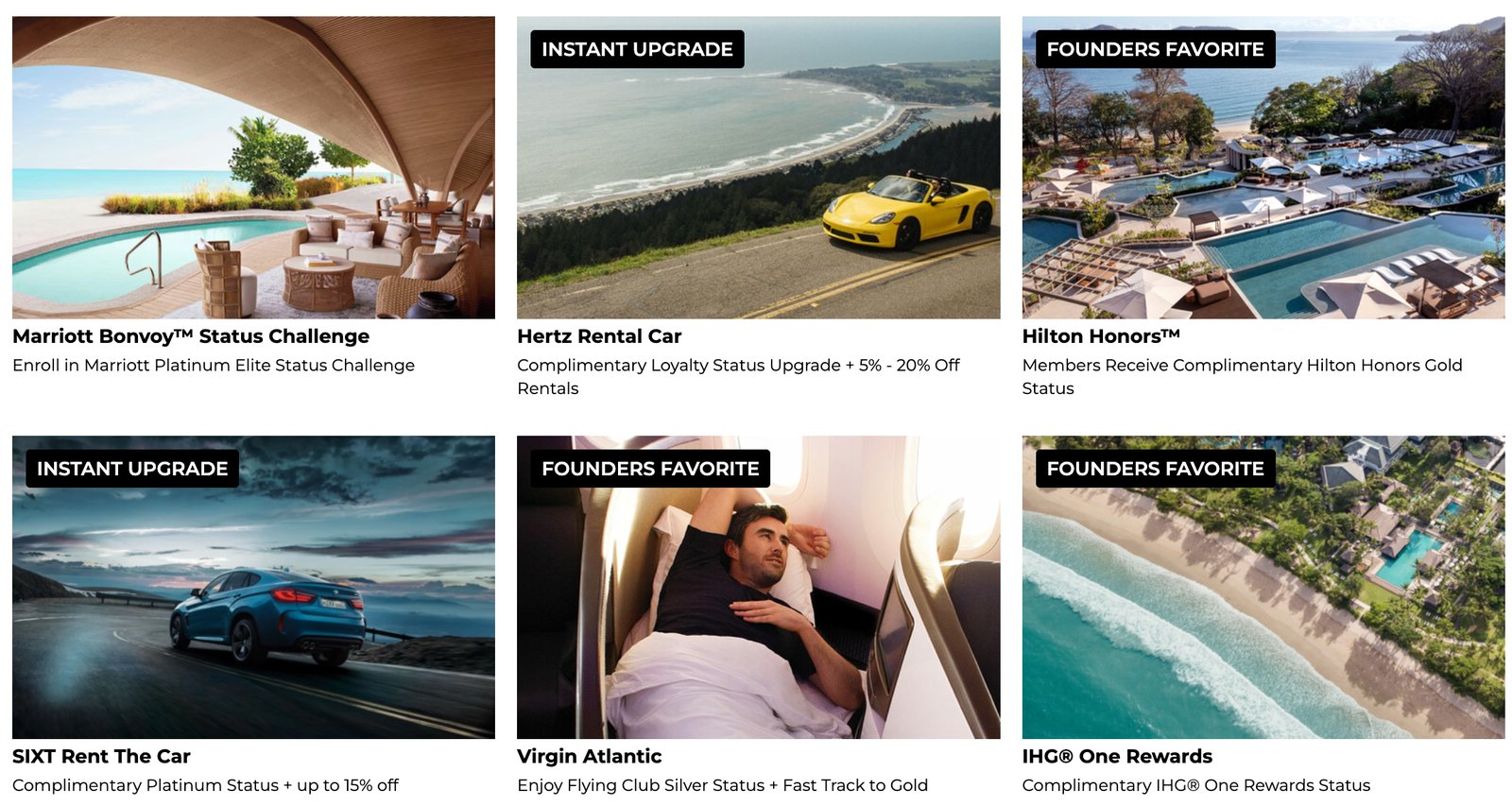 FoundersCard loyalty status upgrades including Marriott Bonvoy, Hertz, Hilton Honors, SIXT, Virgin Atlantic, and IHG One Rewards