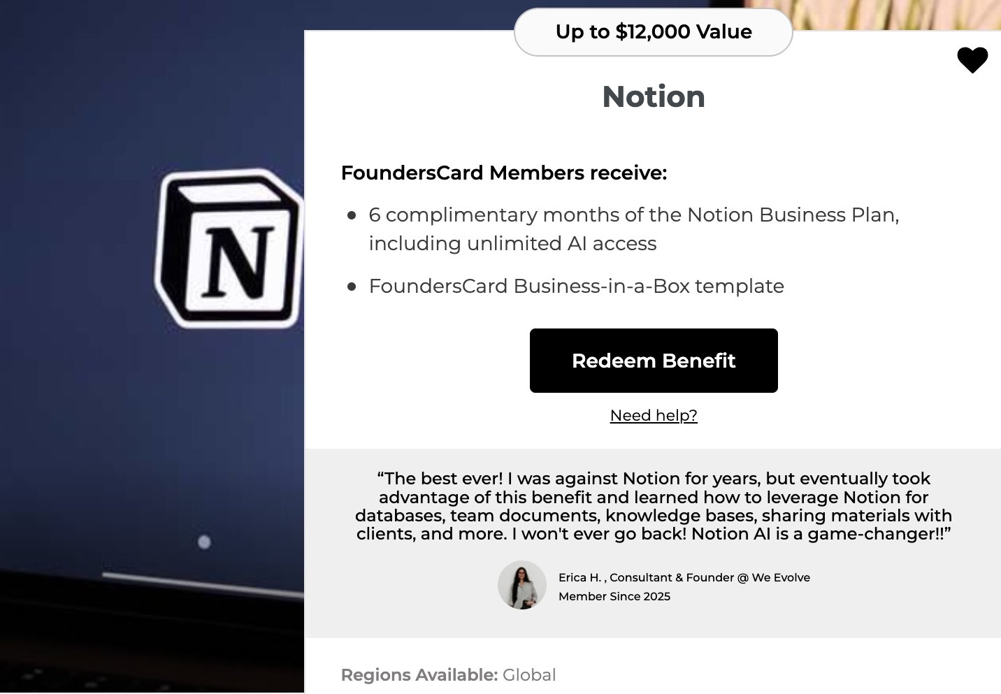 FoundersCard Notion benefit offering six complimentary months of the Notion Business Plan with unlimited AI access