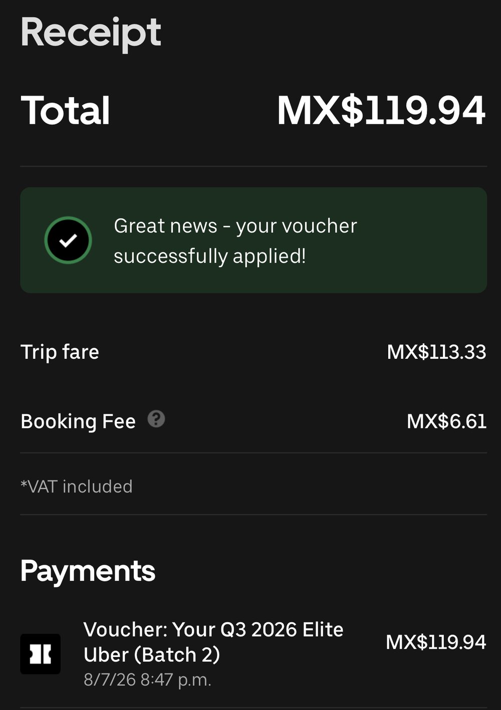 Uber receipt in Mexico showing a FoundersCard Elite quarterly voucher covering the full MX$119.94 total